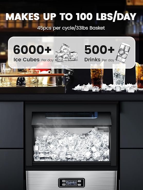Electactic Commercial Ice Maker Machine,100lbs/24H,Dark Silver | Stainless Steel Ice Machine,33lbs Storage, Auto Self-Cleaning Freestanding Ice Maker for Bar/Cafe/Restaurant