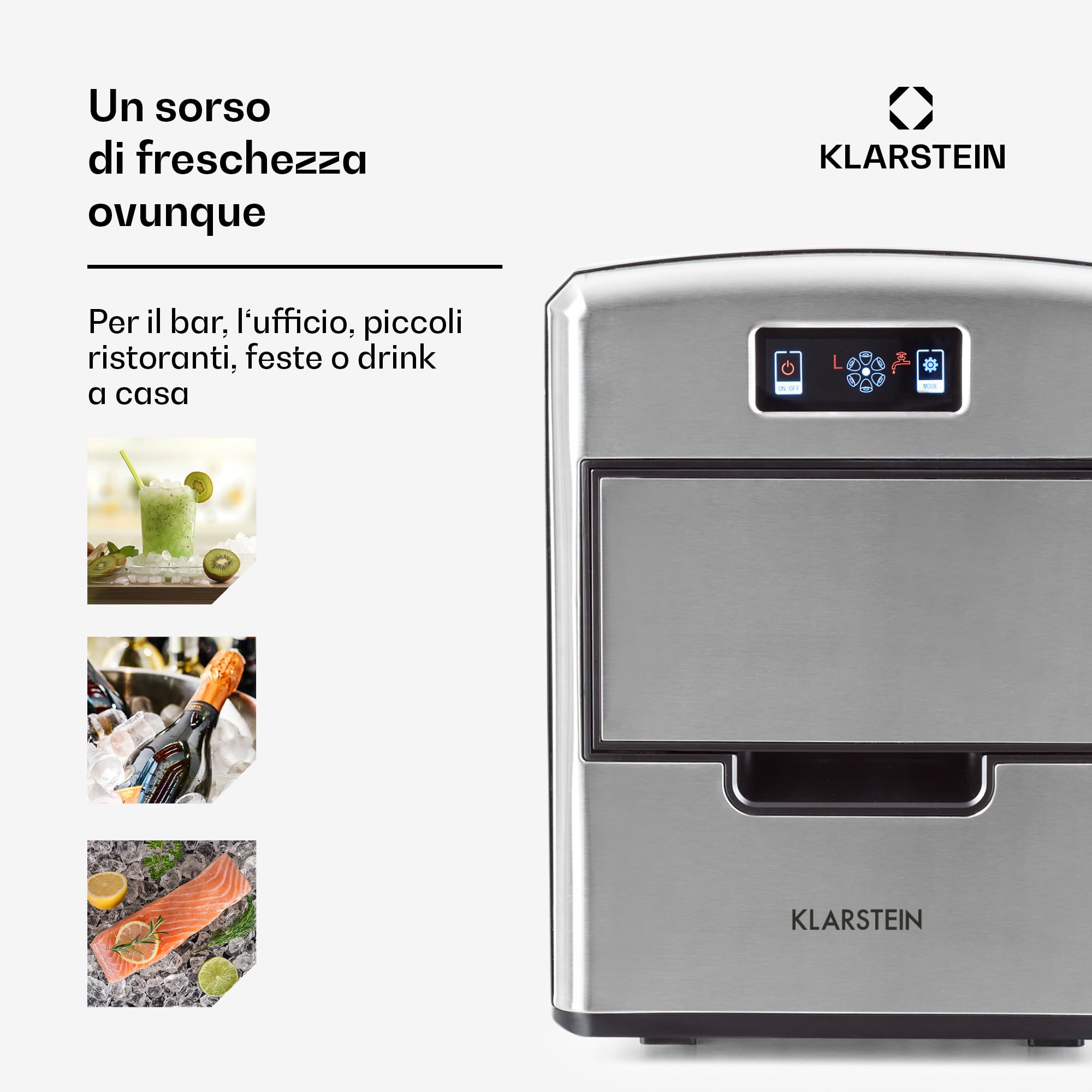 Klarstein Macchina Ghiaccio 2.1L, Macchina del Ghiaccio Professionale, Fabbricatore Secco Alimentare 12kg, Cubetti di 3 Diverse Dimensioni, Casa Autopulente Cocktail