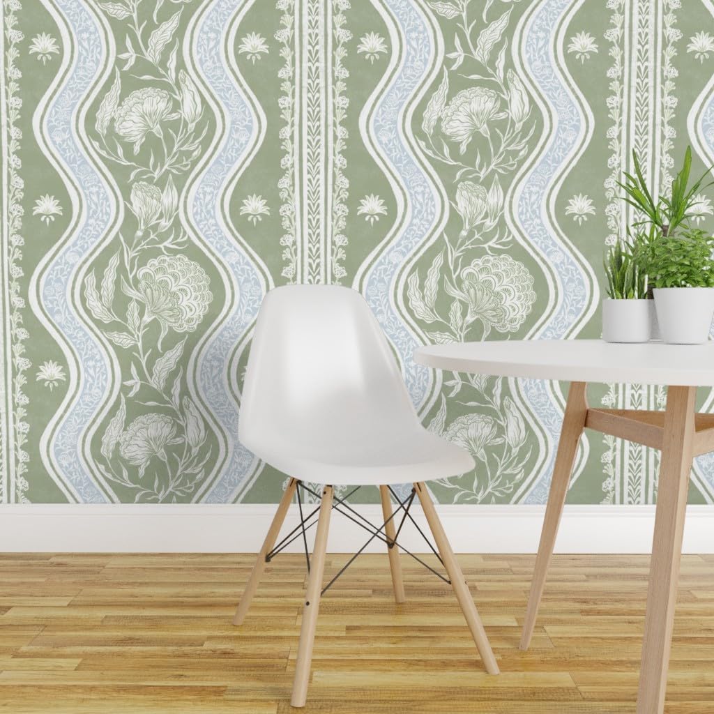 Spoonflower Removable Wallpaper Swatch - Botanical Stripe Romantic Victorian Garden Chintz Vintage Pale Blue Sage Green Large Scale Custom Pre-Pasted Wallpaper