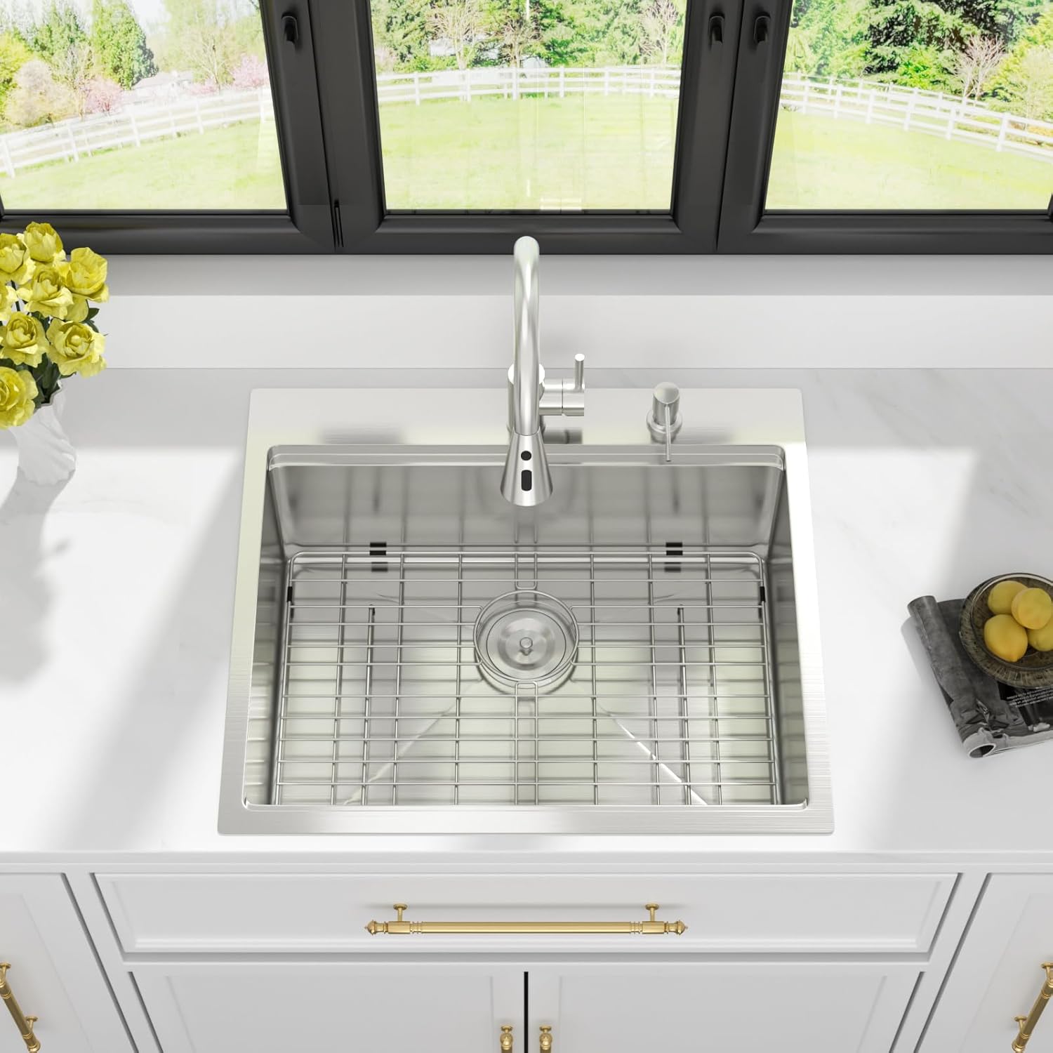 Kichae 25 Drop In Kitchen Sink with Faucet Combo - Workstation Kitchen Sinks 25 x 22 Inch Workstation Sink Topmount Overmount Single Bowl Handmade Basin All Accessories Included