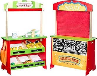 VEVOR Wooden Double-Sided Market Stand Toy with Chalkboard & Cash Register and Dramatic Play Stand with Curtains, 2-in-1 Kids Pretend Play Grocery Store Stall Puppet Playhouse, Gift for Boys & Girls