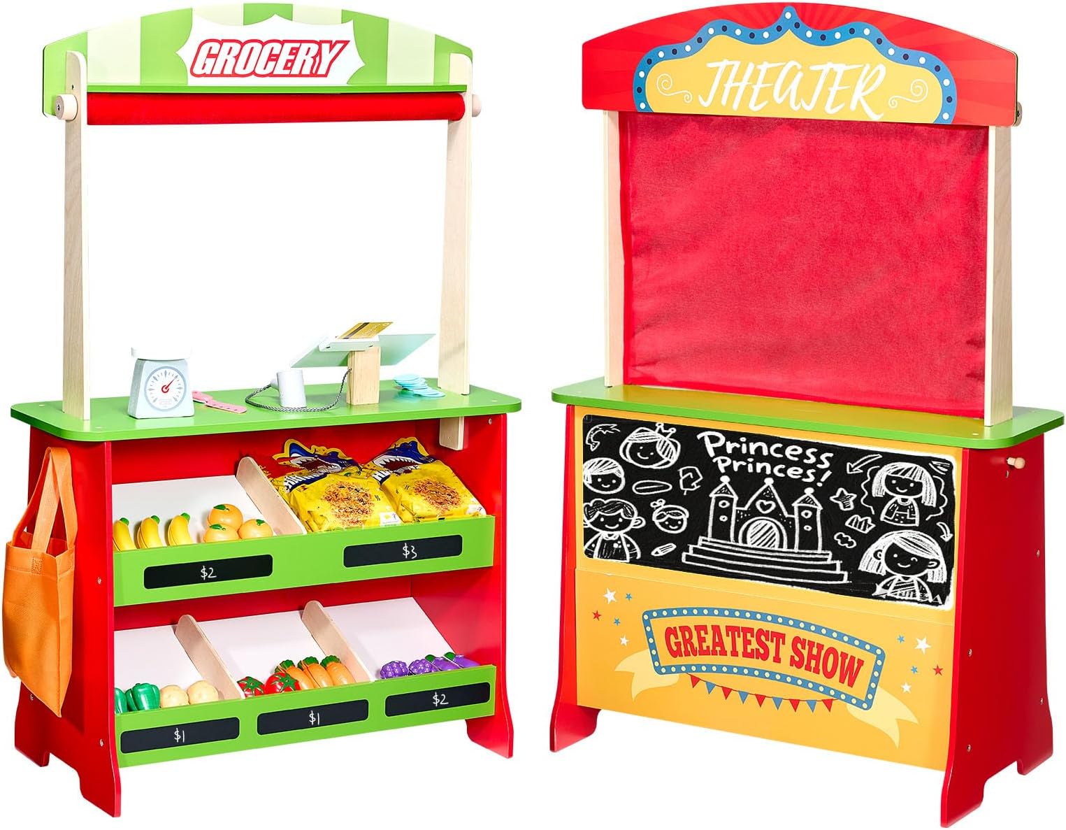VEVOR Wooden Double-Sided Market Stand Toy with Chalkboard & Cash Register and Dramatic Play Stand with Curtains, 2-in-1 Kids Pretend Play Grocery Store Stall Puppet Playhouse, Gift for Boys & Girls