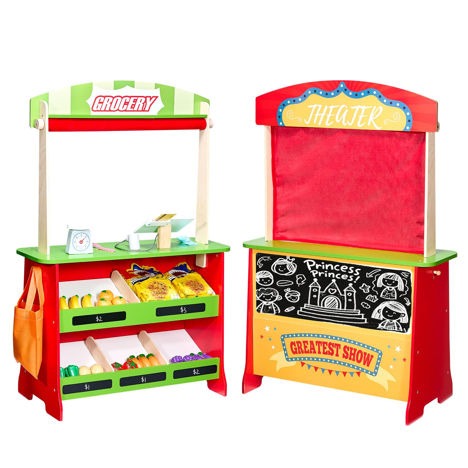 VEVOR Wooden Double-Sided Market Stand Toy with Chalkboard & Cash Register and Dramatic Play Stand with Curtains, 2-in-1 Kids Pretend Play Grocery Store Stall Puppet Playhouse, Gift for Boys & Girls