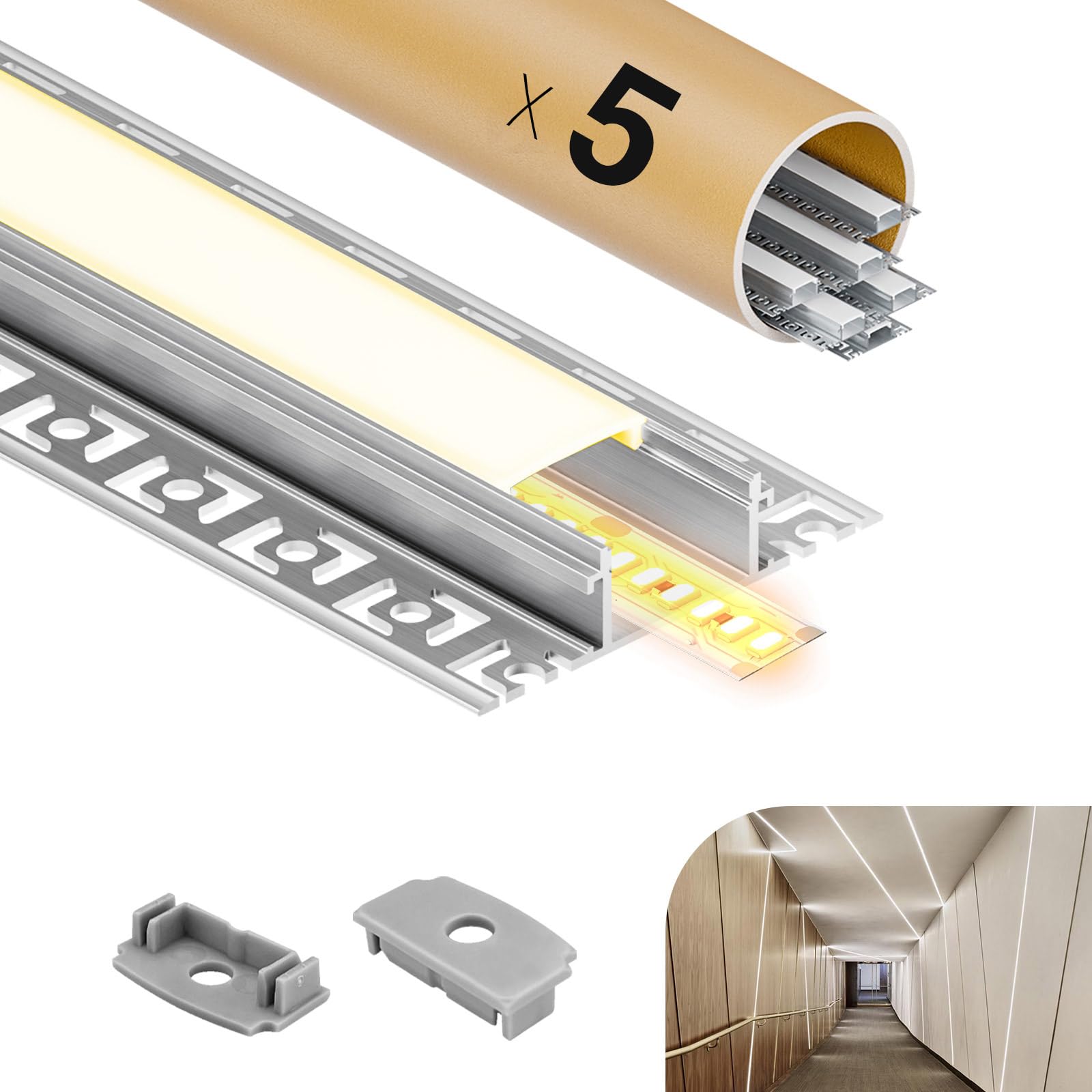 Perfil Aluminio Tira LED 2m 5 Piezas， Perfil LED de Cartón Yeso, Compatible con Tiras LED de Ancho Menor o Igual a 20mm - 64.2 x 13.8mm