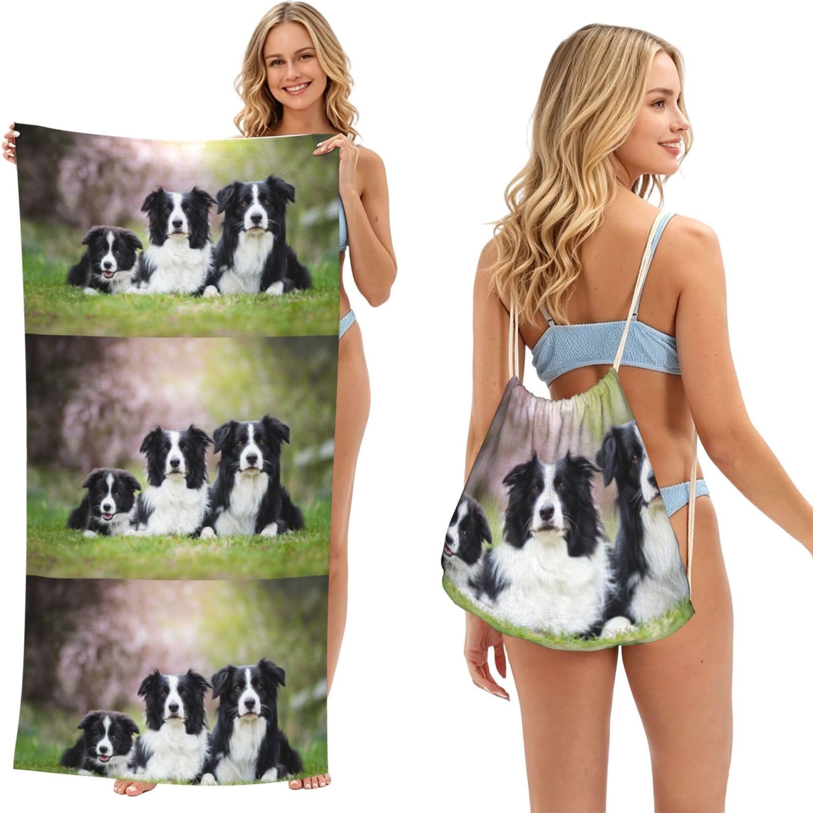 Poadnly As Picture Border Collie Family, 2 In 1 Packable Towel Bag, Beach Towels With Drawstring Backpack For Travel Holiday Camping