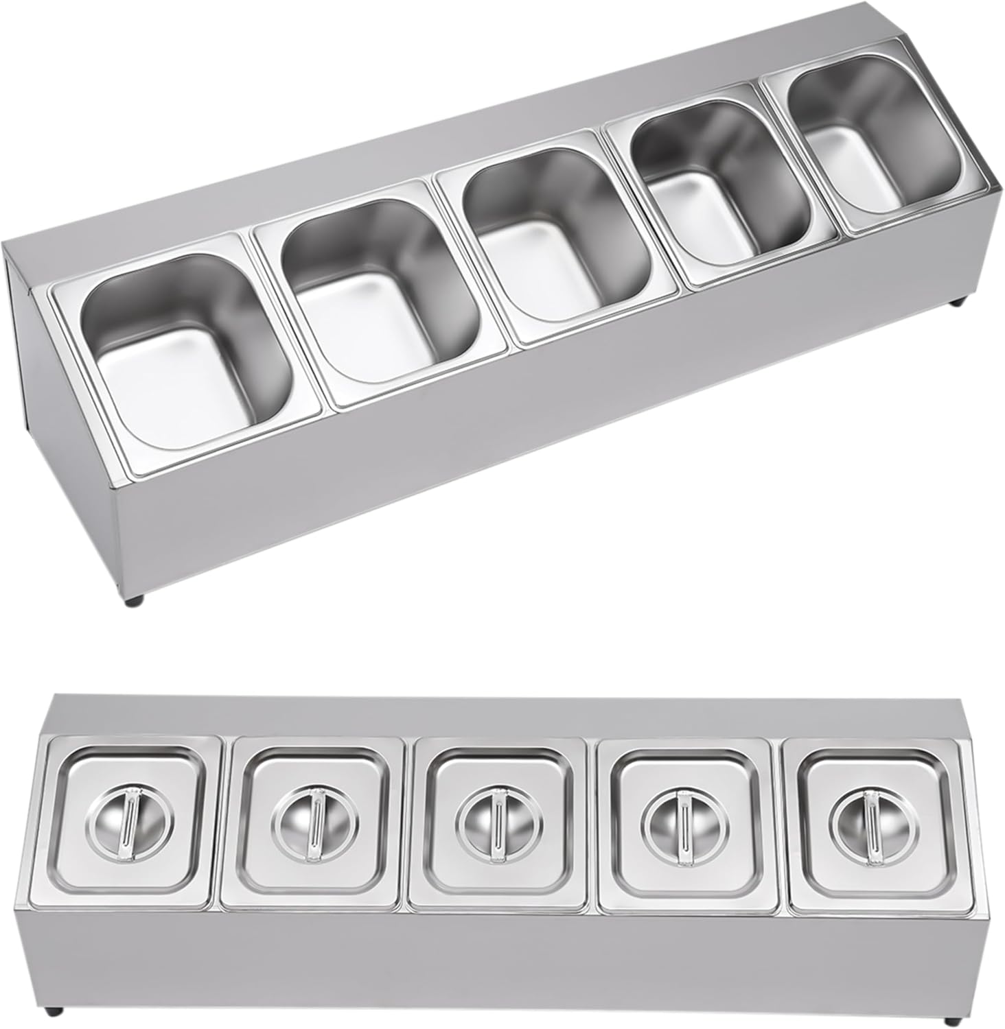 Pizza Toppings Station Storage Condiment Organizer Divider Food Container with 5 Pans & Lids, Stainless Steel Kitchen Condiment Divider Pizza Prep Ingredients Holder, Grill Table Serving Tray - Image 3