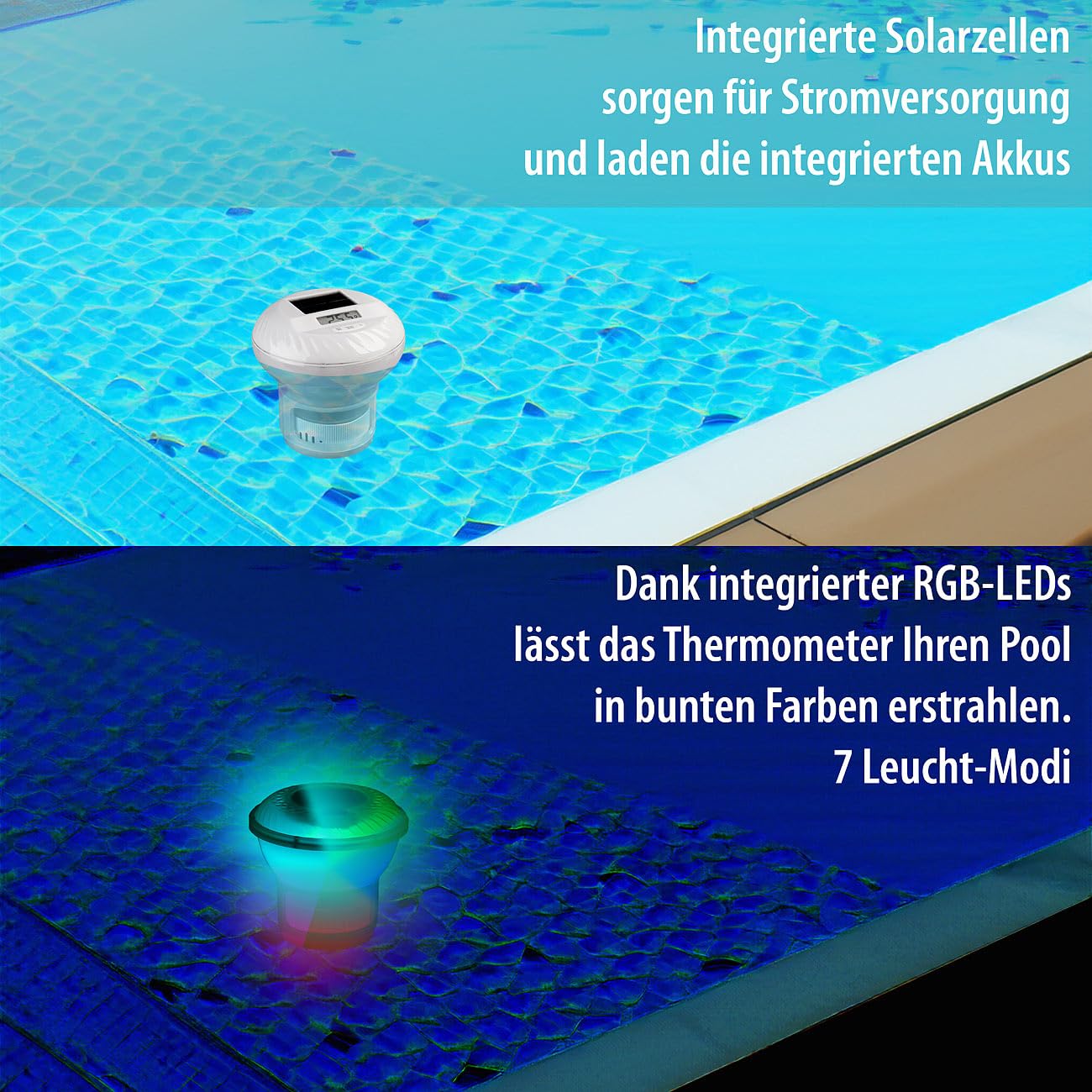 infactory Dosierschwimmer: 3in1-Poolthermometer, Chlor-Dosierer und RGB-Leuchte, Solar, Akku, LCD (Gartenteich-Thermometer, Whirlpool Thermometer, Baby)