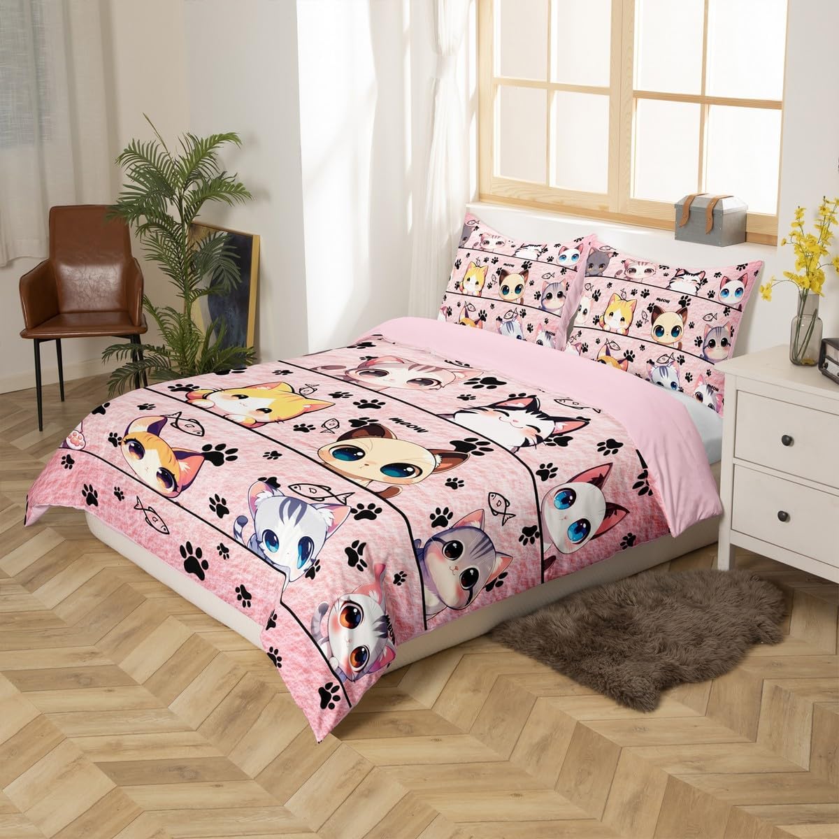 Cartoon Animals Duvet Cover Set Toddler Size,Cat Kitten Kitty Pet Pink Bedding Set,Kawaii Cute Cat Quilt Cover for Kids,Comforter Cover(No Filler),2 Pcs