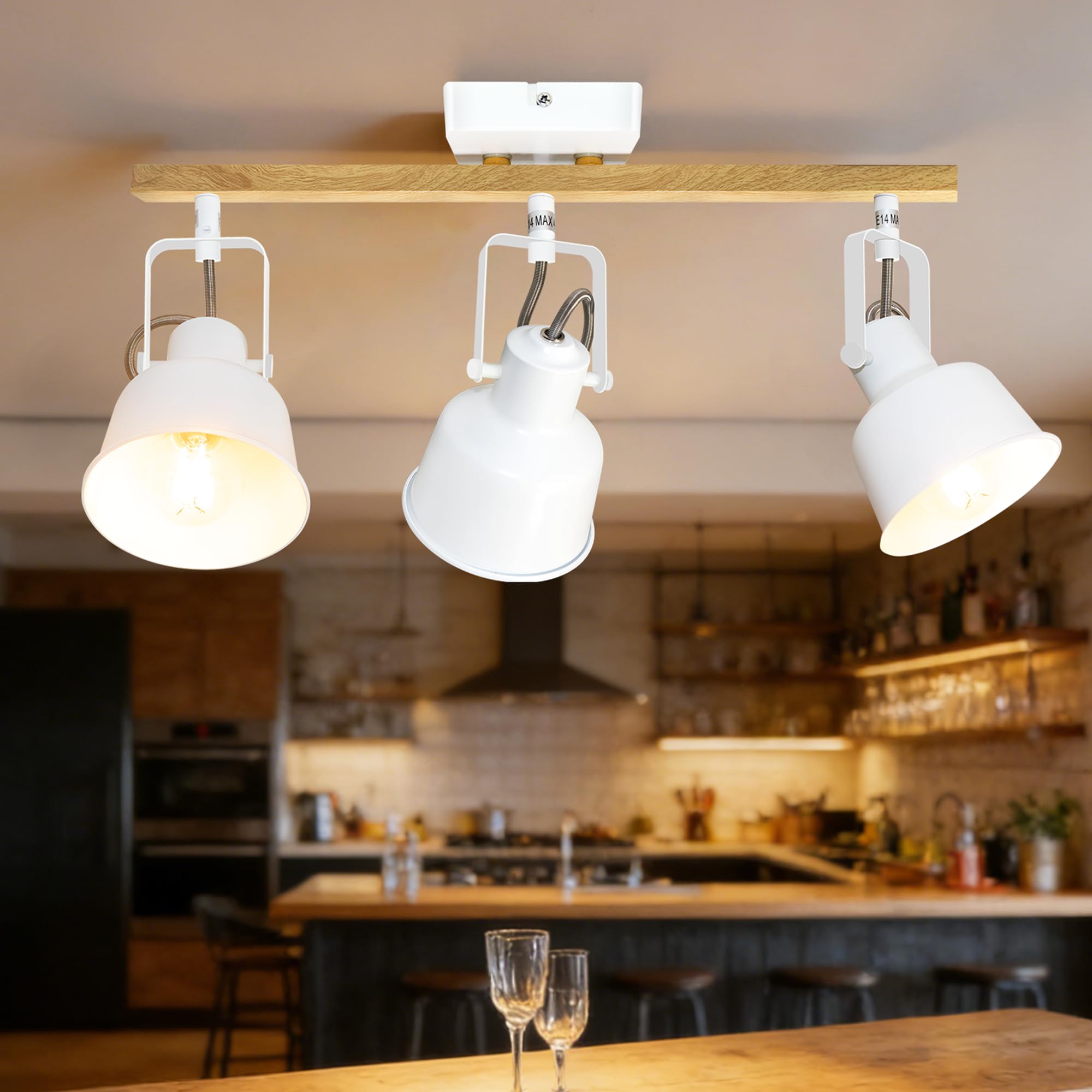 Aulaiyi Deckenstrahler 3 Flammig, Schwenkbar 350°, Vintage Deckenlampe LED Deckenleuchte, E14 Fassung Industrial Holzmaserung Spotbalken für Küche, Wohnzimmer, Schlafzimmer, Weiß (Ohne Leuchtmittel)
