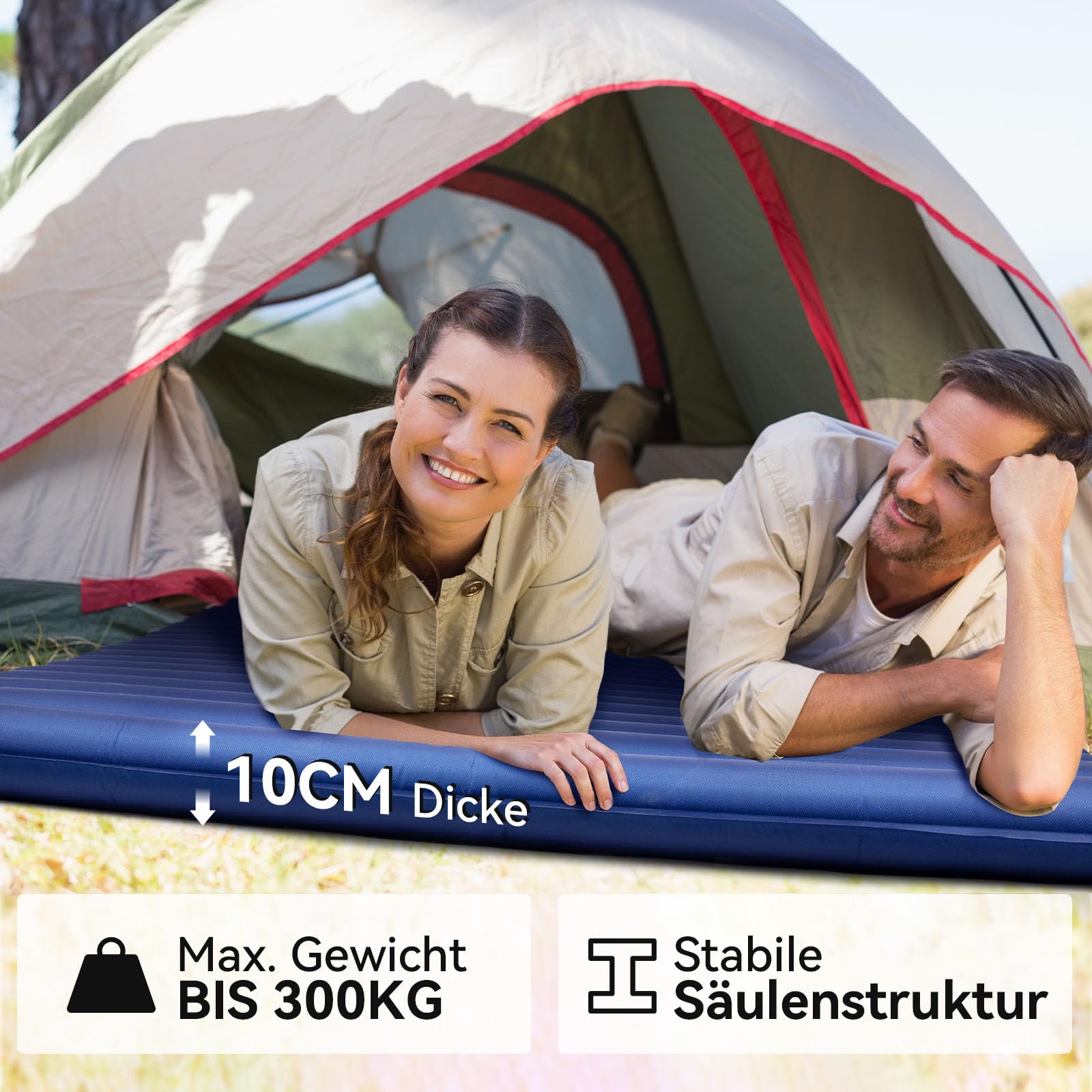 HIKENTURE Isomatte für 2 Personen Ultraleicht, Doppel Isomatte Aufblasbar, Camping Luftmatratze Schlafmatte 140cm mit Fußpumpe, für Camping, Outdoor, Wandern, Strand, Navyblau