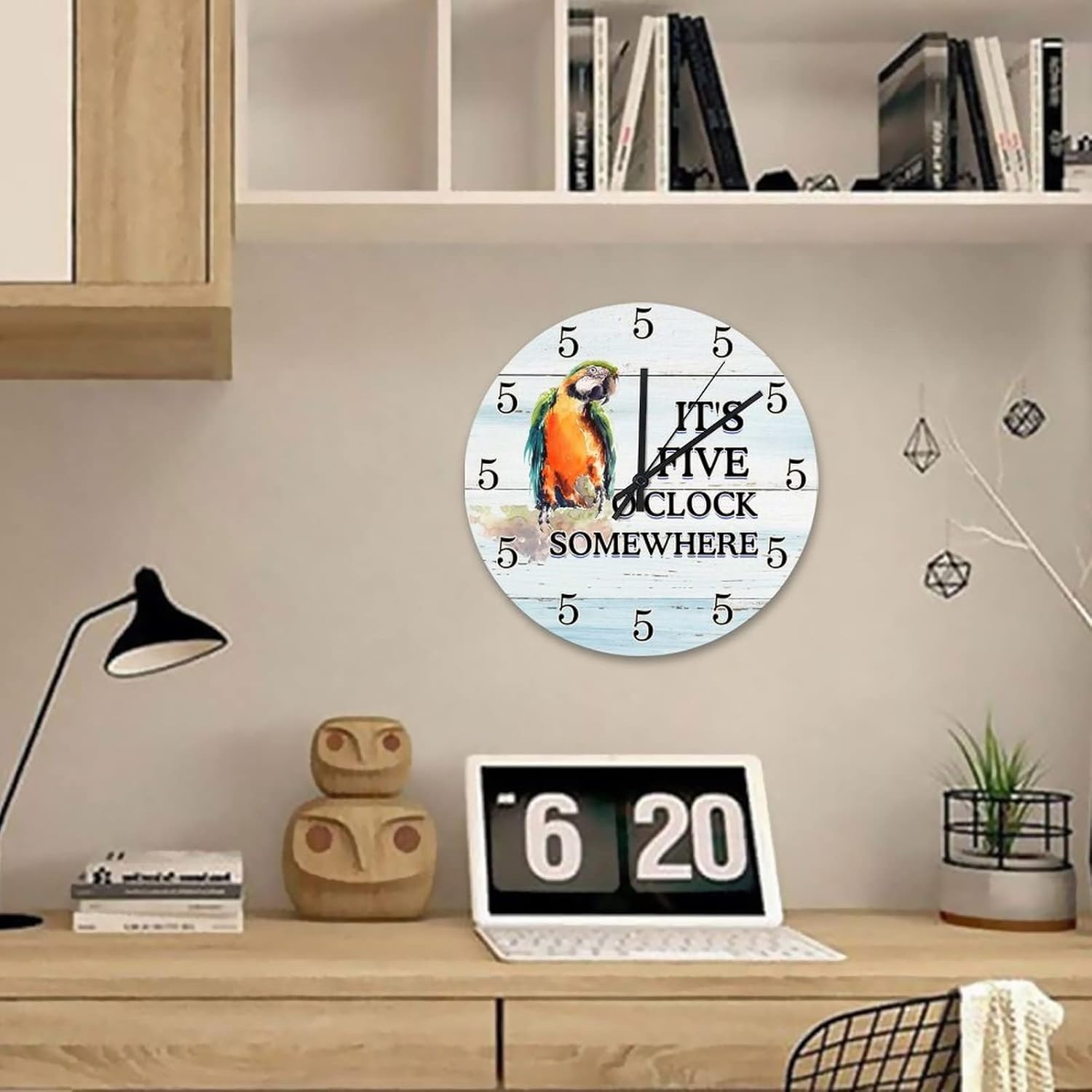 It's 5 O'Clock Somewhere Parrot Wooden Wall Clock 12 Inch Tropical Beach Humor Indoor Wall Clocks Battery Operated Quartz Quiet Round Clock for Home Office School