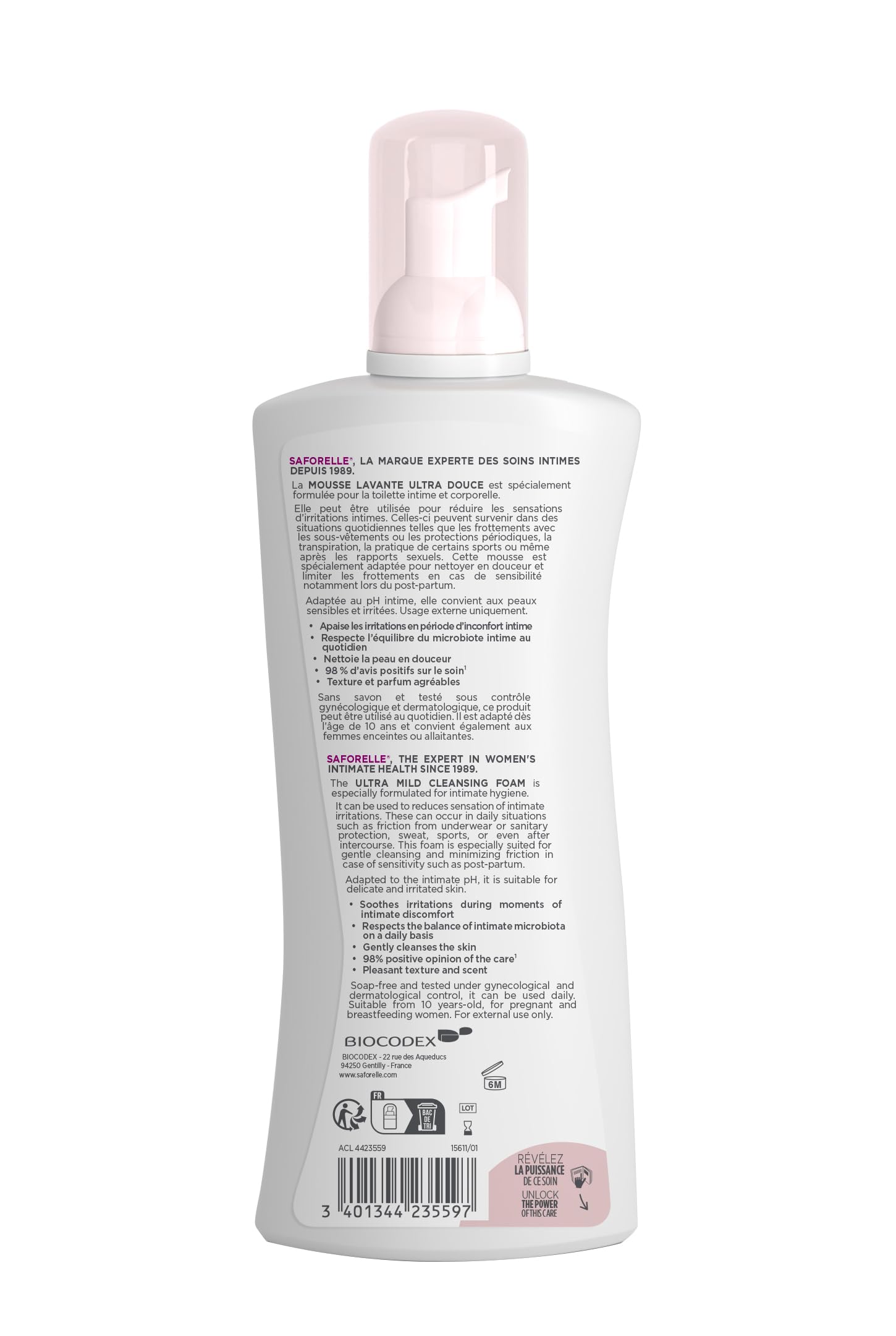 SAFORELLE – Mousse Lavante Ultra Douce – Soin Intime &Corps Quotidien – Peaux normales, sensibles & irritées – À l’extrait de Bardane – Sans savon – 250 ml