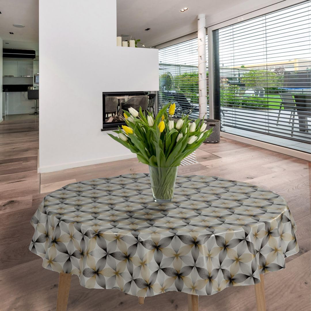 Laro Wachstuchtischdecke Rund 140 Cm – Geprägt Blätter Silber Grau, PVC, Wasserabweisend, Abwaschbar, Für Garten & Küche