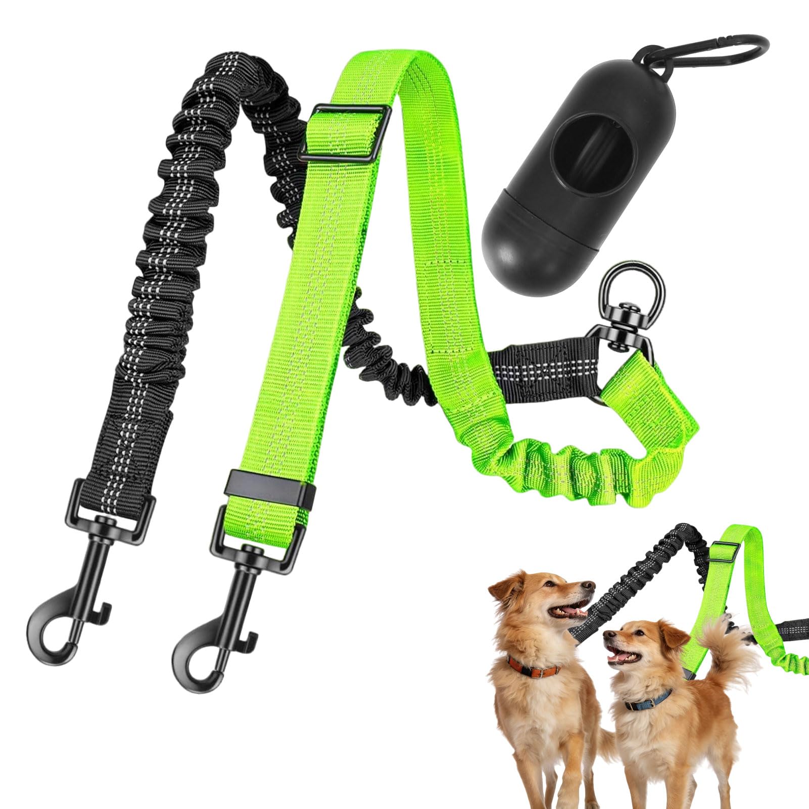Double Dog Lead for Walking,Dual Dog Lead No Tangle with Poop Bag Dispenser,Double Ended Lead For Dogs,Adjustable Bungee Reflective Dual Leash,Anti-Pull Lead For Walking Puppy Small Medium Dog