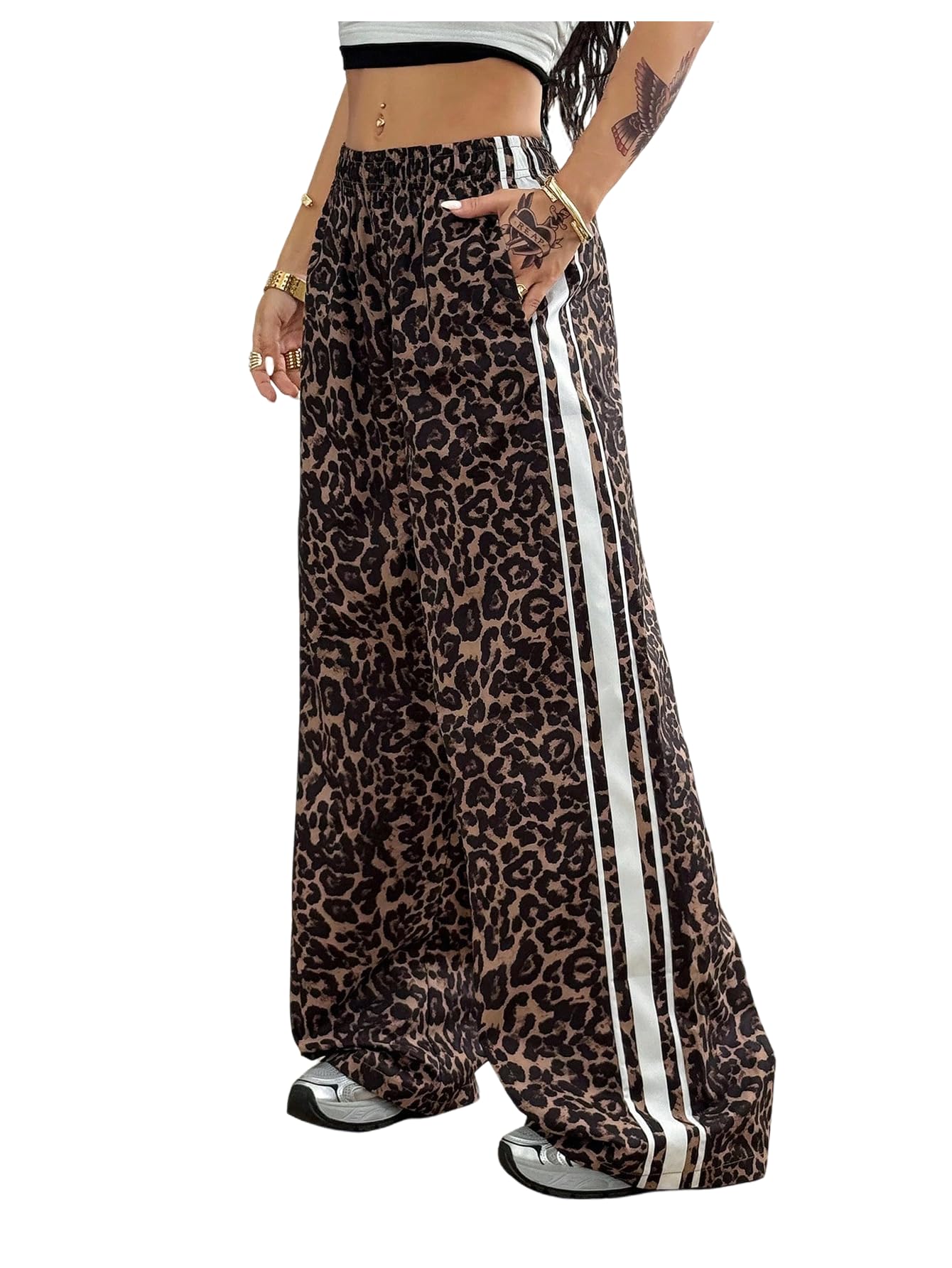 GORGLITTER Womens Baggy Leopard Cheetah Print Pants Wide Leg Y2k Travel Cool Striped Sweatpants Trousers Pants