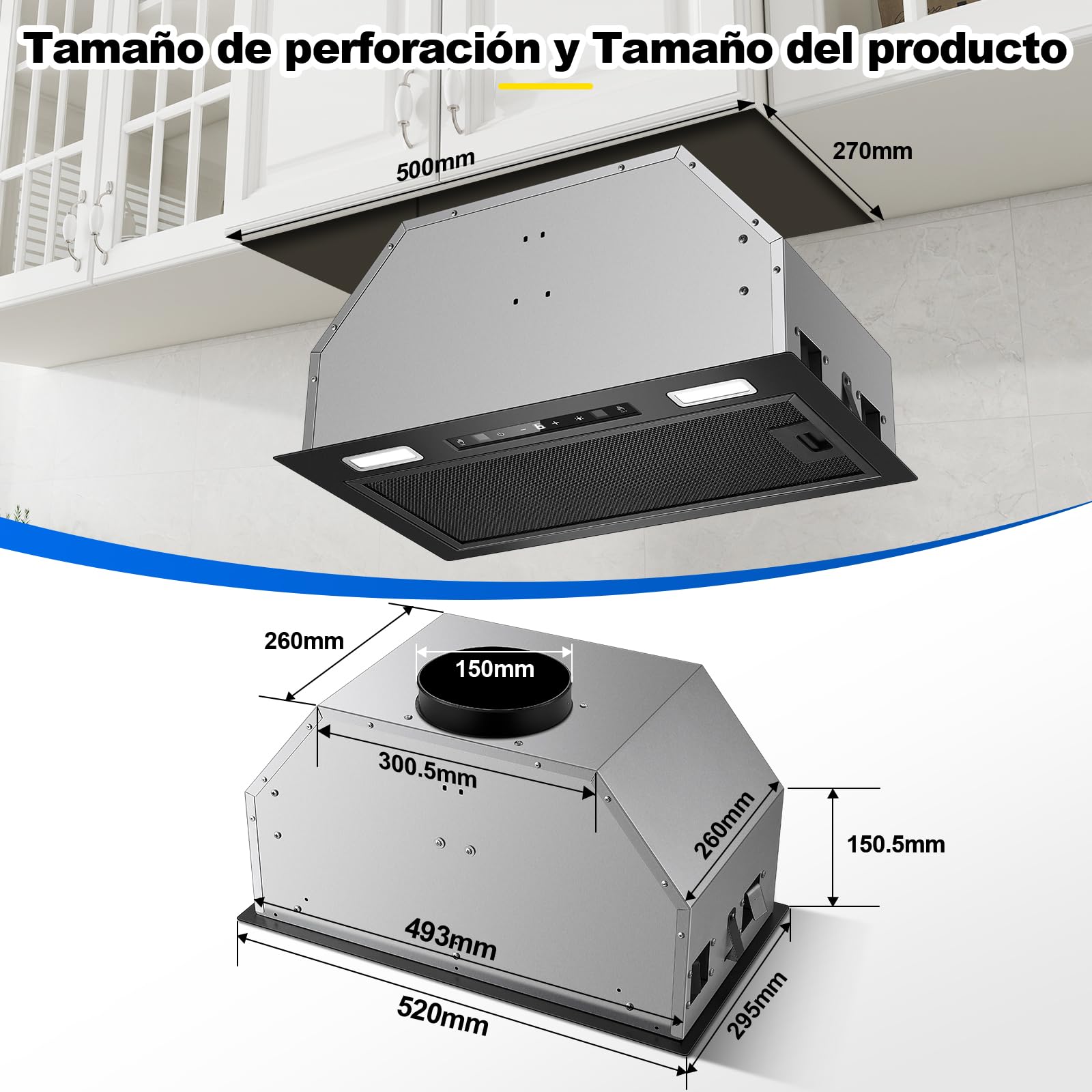 Campana Extractora Empotrable de 52 cm, 750 m³/h, Negro Campana de Cocina, Controles Gestuales, Táctiles, 3 velocidades y Función Booster, Iluminación LED, Evacuación y Recirculación, A+++