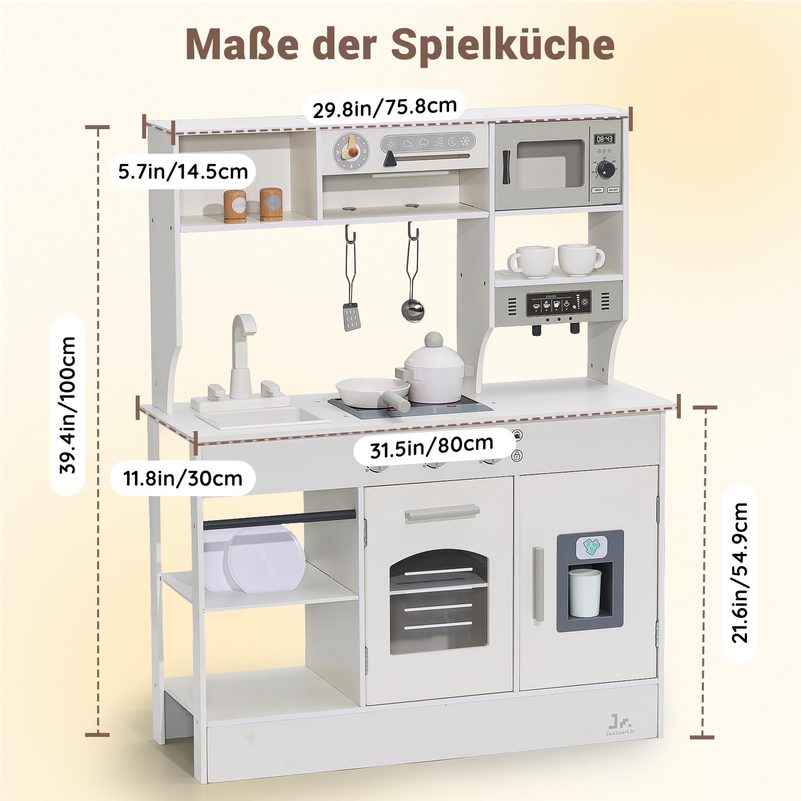 SainSmart Jr. Kinderküche Holz Spielküche für Kinder, Creme – mit Licht & Sound, Eiswürfelspender, Mikrowelle, Backofen & Spüle, große Kinder Küche mit Zubehör, Rollenspiel ab 3 Jahren