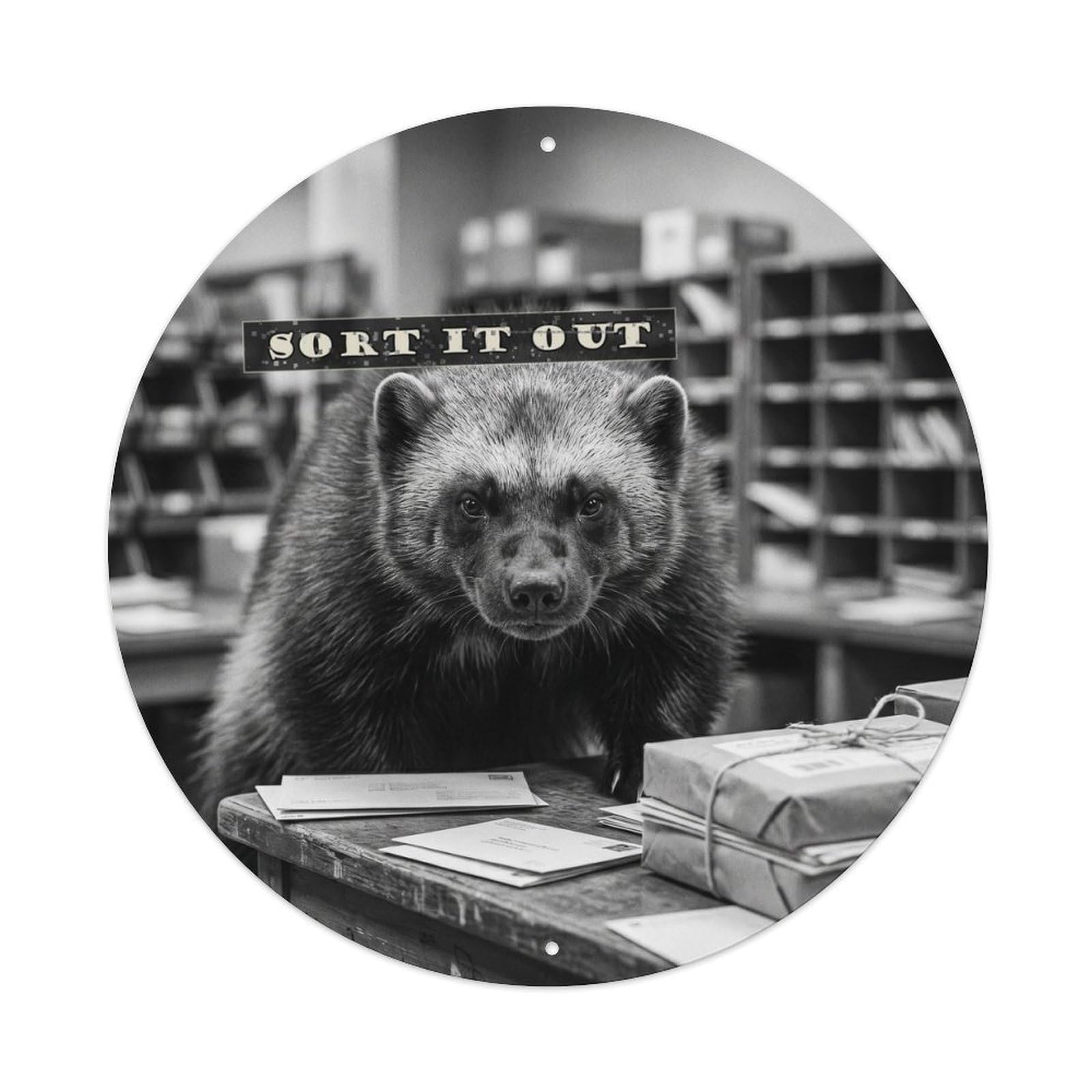 Animal Wolverine Postal Sorting Table British Wildlife Satire Metal Tin Sign Plaque Wall Decor for Cafe, Man Cave, Club Bar, Office, Home Garden Round Metal Poster 8x8Inch