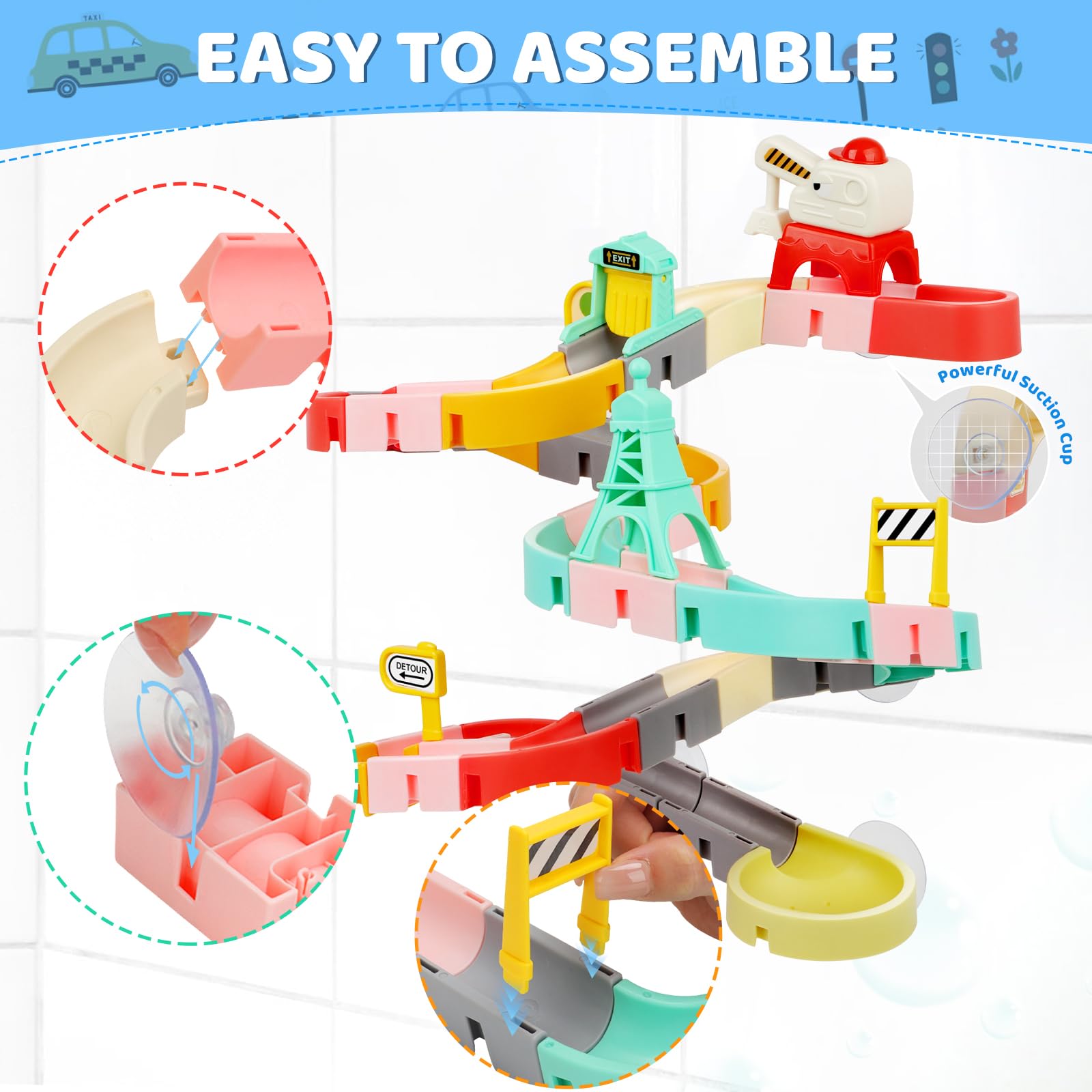 JoiTale Kids Bath Toys, 47 PCS DIY Bath Track Game Shower Water Toys, Traffic Theme Slideway Toy with Suction Cups & Cars - Image 3