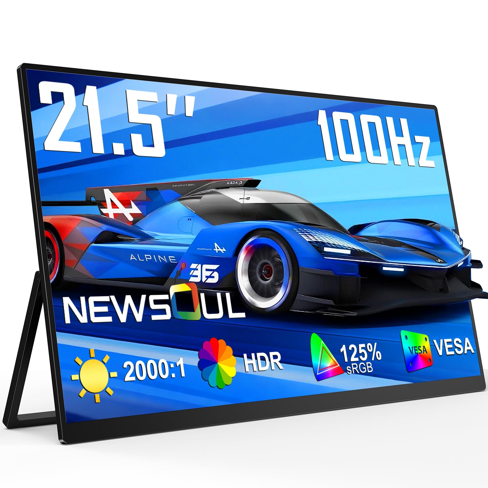 Newsoul Portable Monitor 21,5 Zoll, 100Hz Portable Gaming Monitor QLED 2000:1 FreeSync 450Nits mit USB-C & HDMI, Tragbarer Bildschirm mit VESA & Ständer 180° für Laptop/PS5/4/Xbox/Switch