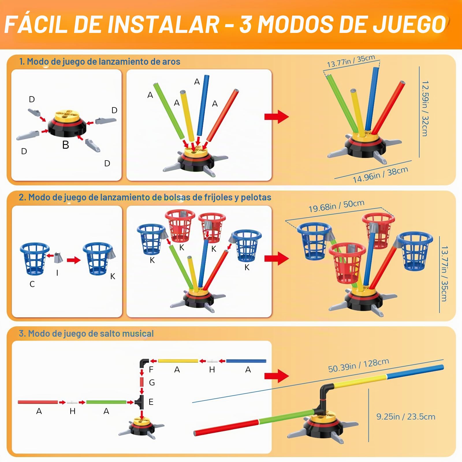 VATOS Juego de Lanzamiento 3 en 1 (Saco de Bolas y Aros), Salto Musical para Niños, Base Giratoria Eléctrica con Mando a Distancia, Luces, Juguete para Interior/Exterior y Jardín para Niño Niña 3+