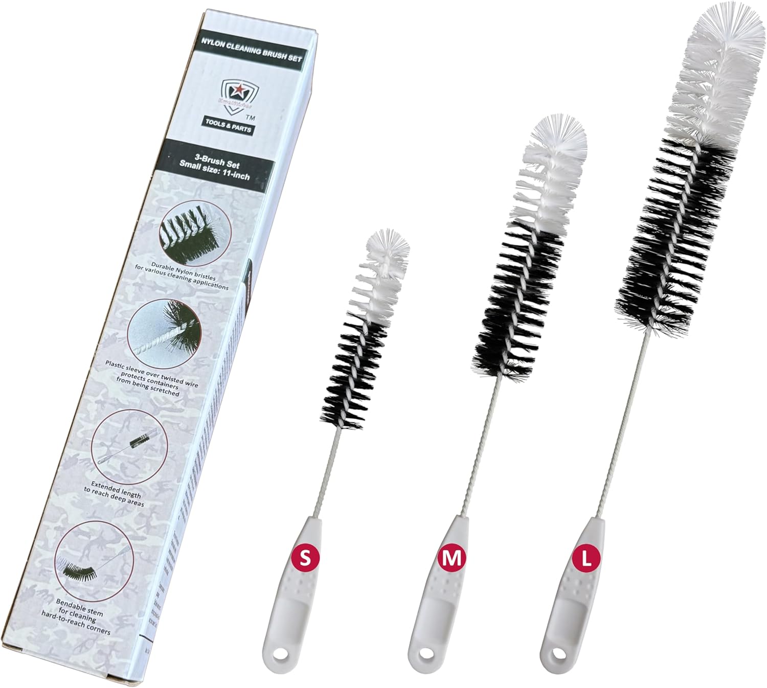 Bottle Brush Set [3-Size, 16, 13.4, 11-inch] Long Handle Nylon Cleaning Brushes, for Water Bottles, Cups, Mugs, Pipes, Glassware, Kitchenware, Clean Deep Areas, Flexible & Bendable Twisted Wire Stem Large-Medium-Small 3