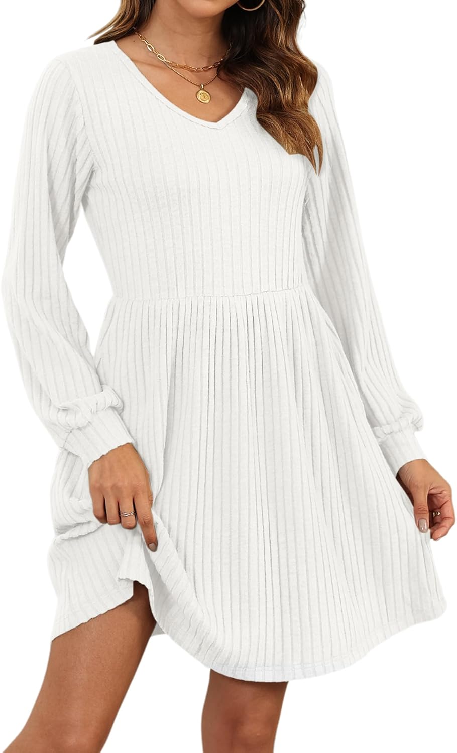 AUSELILY Womens Fall Dress 2025 Long Sleeve V Neck Short Dress Lightweight Casual Knit Sweater Dresses with Pockets