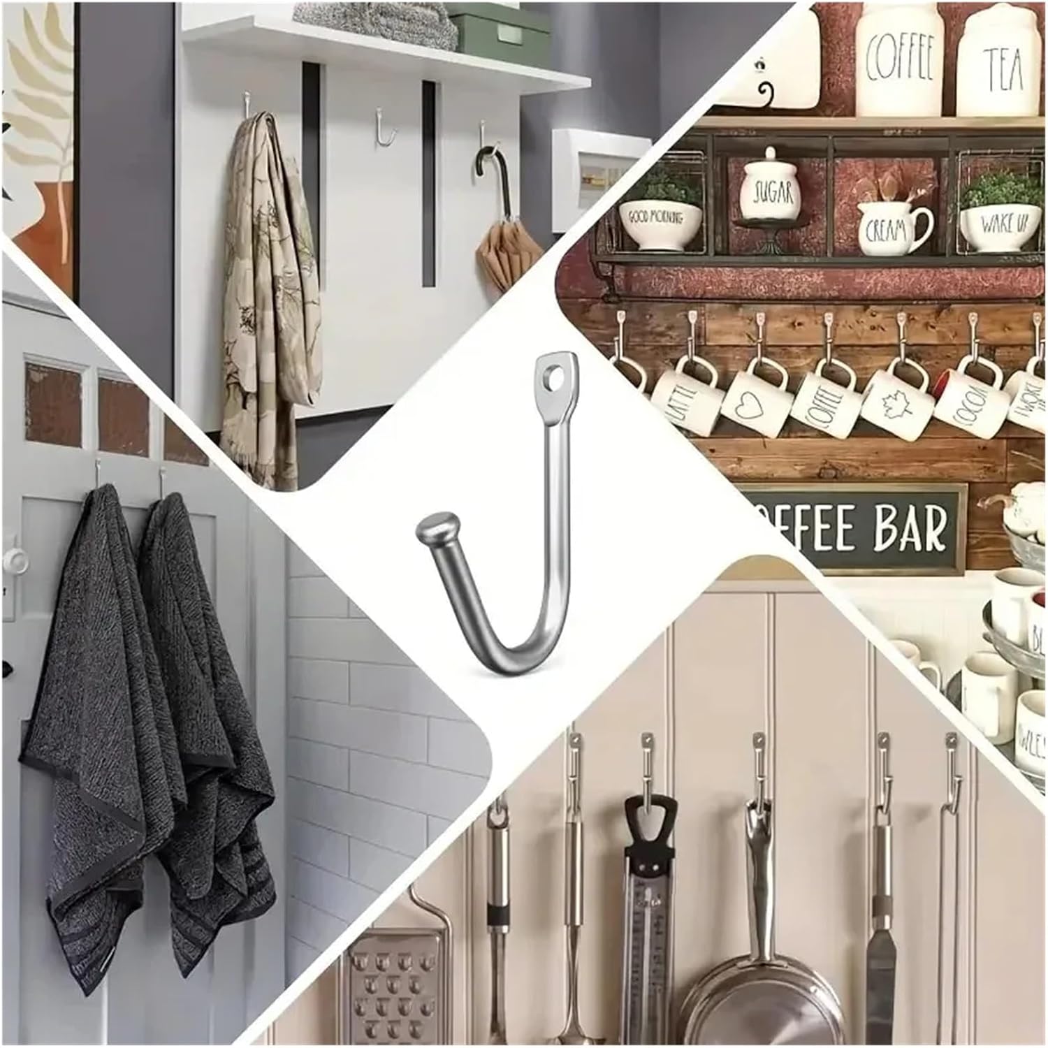 50/5Set J-Shaped Metal Wall Hooks with Screw Coffee Cup Keys Towel Hanging Hangers Coat Rack Bag Holder Kitchen Bathroom Storage(Silver,50PCS)