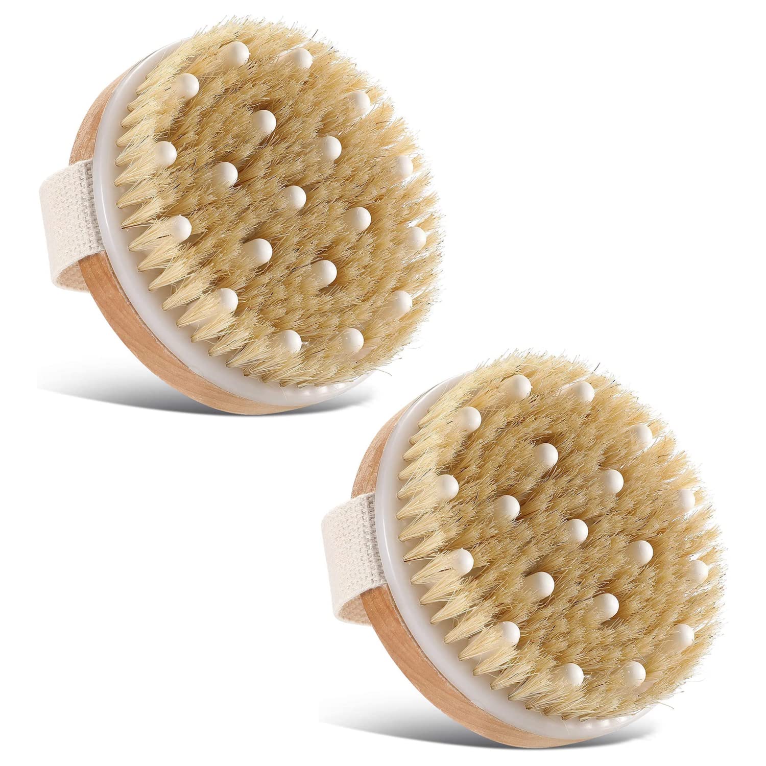 Xspring Dry Brushing Body Brush, Solid Wood Frame and Boar Hair Body Exfoliator Scrubber, Body Scrub Brush for Wet or Dry Brushing, Get Rid of Your Cellulite and Dry Skin, Gentle Massage Nodes, 2 Pack