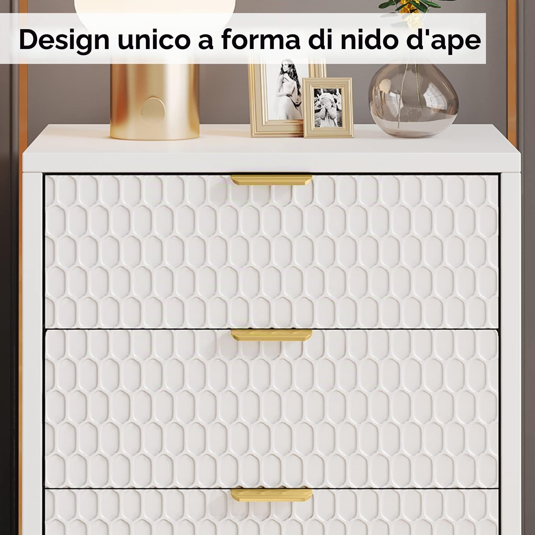 Tribesigns Comodino Set di 2, 3 cassetti alto comodino con stoccaggio, moderno elegante tavolino per camera da letto, soggiorno, bianco e oro (Confezione Da 1 Pezzo.)