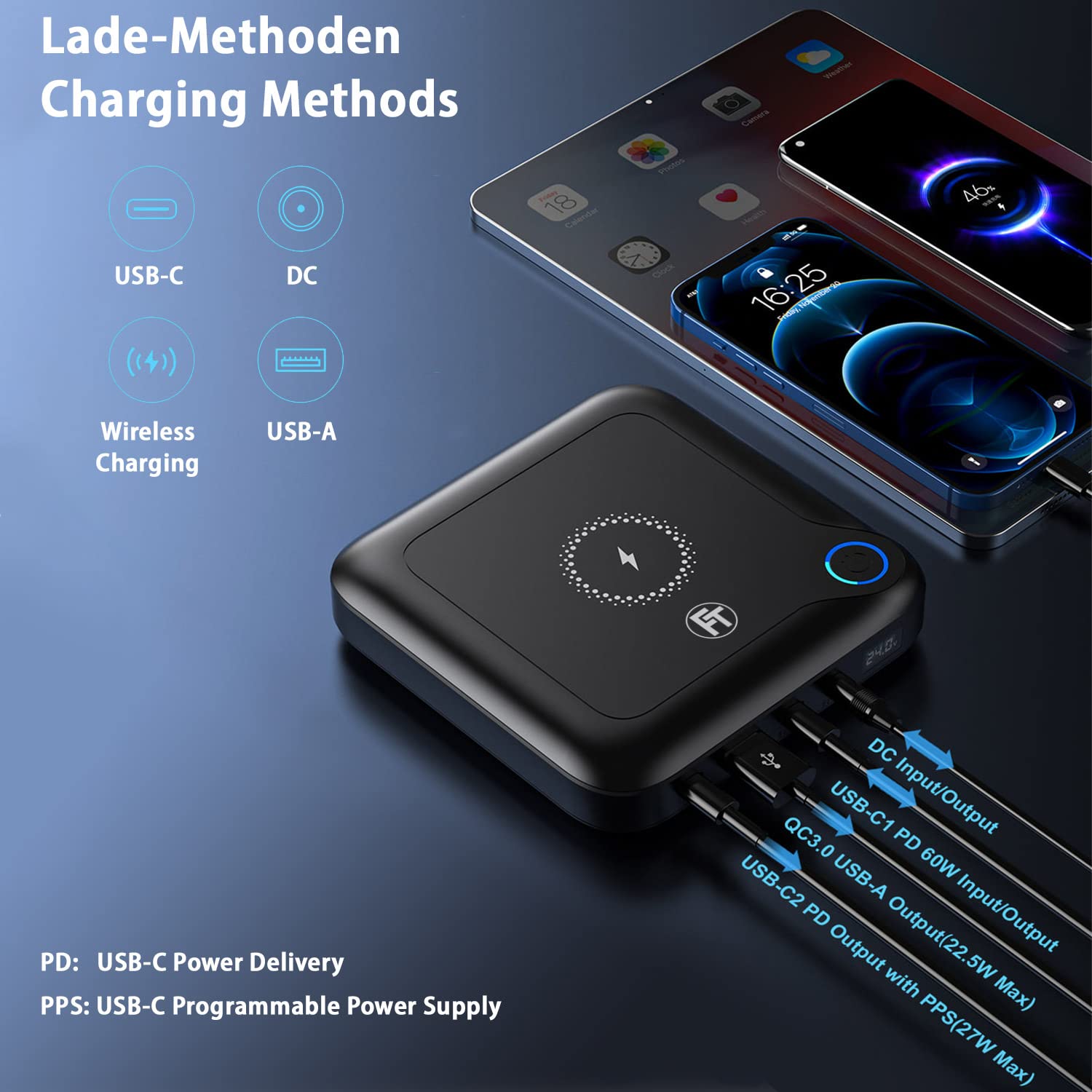 FeinTech PLG02400 - Powerbank 60 W PD USB-C e DC per notebook, MacBook, iPad, tablet, smartphone, fotocamera, Nintendo Switch, 10 W Wireless Charging, 88 Wh, 24000 mAh, 122 x 122 x 28 mm