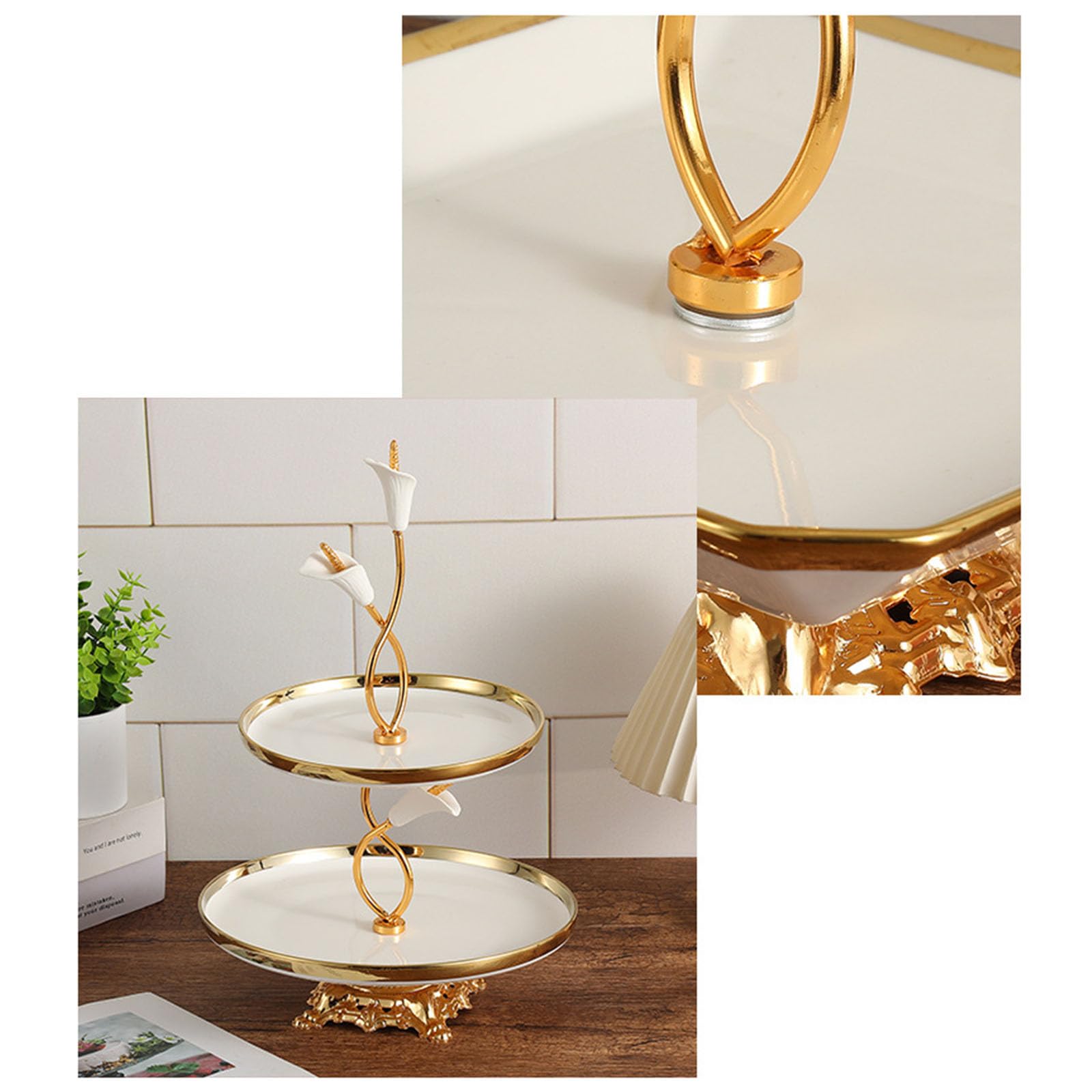 Soporte para Magdalenas de 2 Niveles, Bandeja para Servir postres en Niveles de cerámica Blanca con Bordes Dorados, Expositor de, Soporte de té para para Servir Postre de Boda