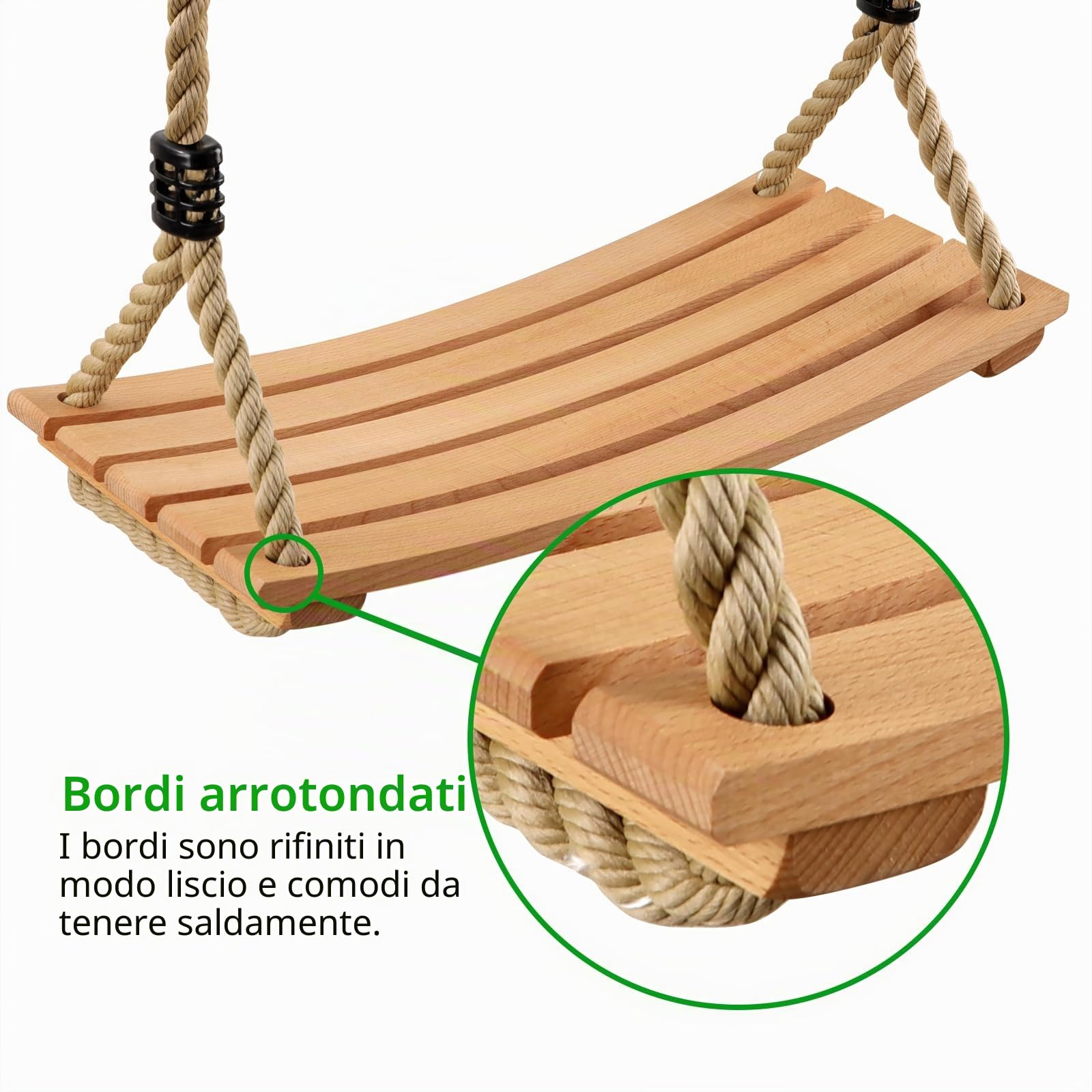 Altalena in Legno, Altalena Legno da Giardino per Ragazzo e Bimba Interno e Externo, Antiscivolo con Corda Regolabil per Adulti - Carico Massimo 200 kg