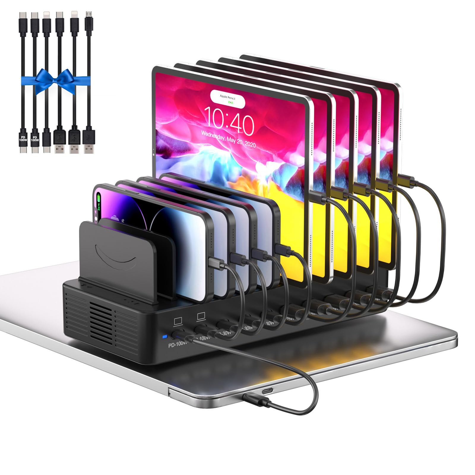 Estación de carga de 580 W para múltiples dispositivos, estación de carga rápida USB C de 10 puertos, base de carga dual PD de 100 W con separadores ajustables y 6 cables, organizador de dispositivos