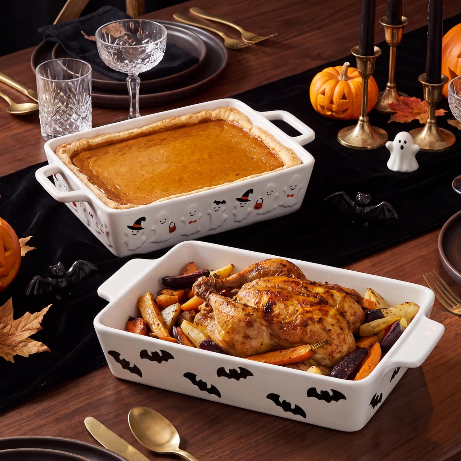 Vesici 2 Pcs Halloween Ceramic Baking Casserole Dish Ghost Bat Shaped