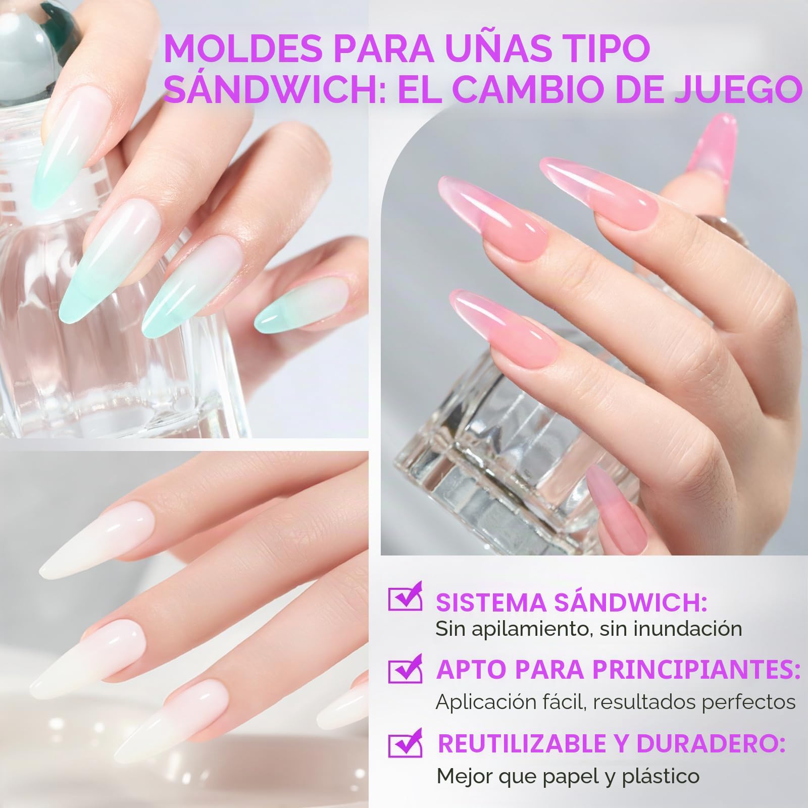 Gelike ec Formas de uñas profesionales dobles para gel constructor: diseño sándwich formas de uñas 240 piezas 15 tamaños – para extensiones de gel impecables – Fácil para bricolaje y salón