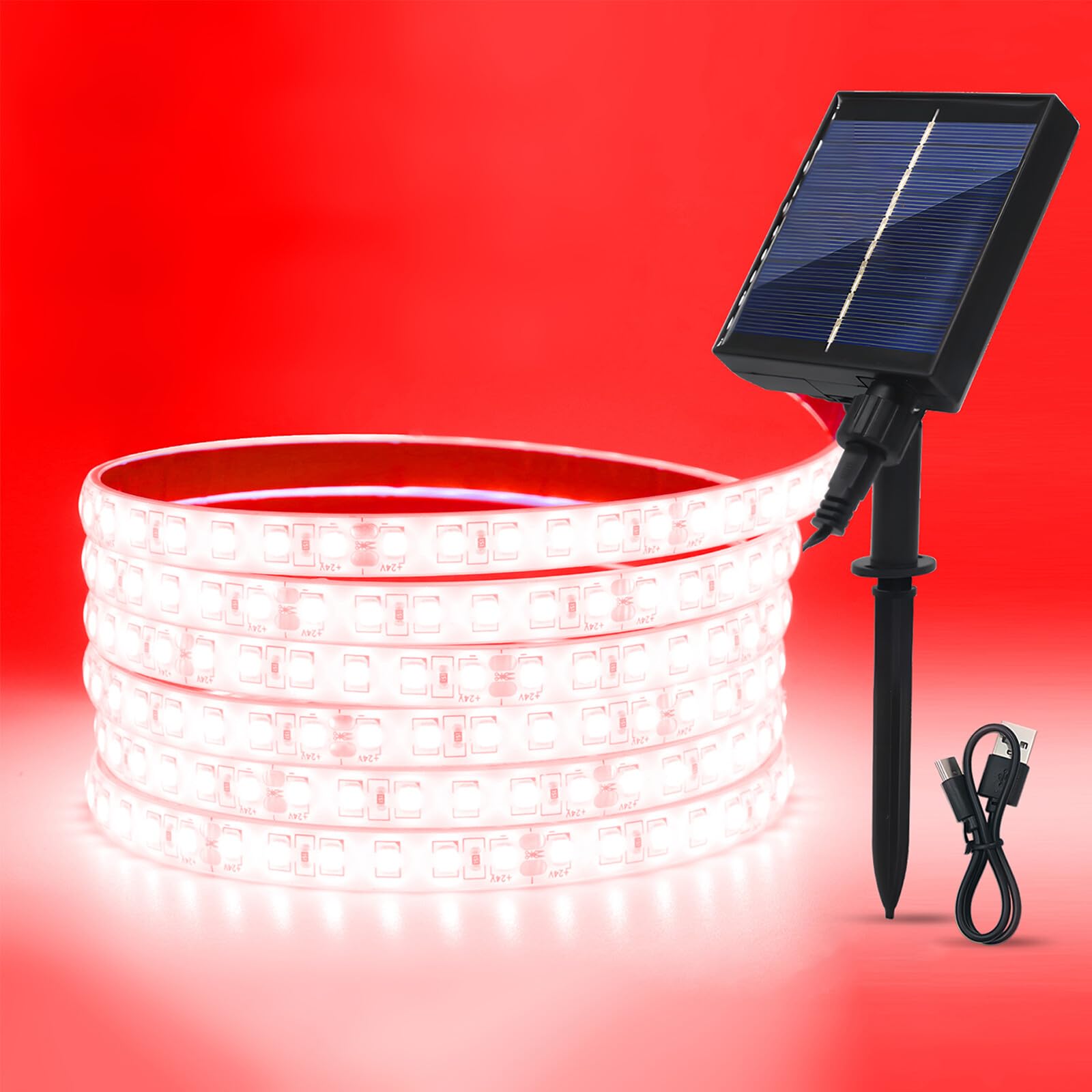 GQL 24V Solar/USB LED Strip Lights - IP68 Waterproof 2835 SMD 120LEDs/m, 8-Mode Controller for Indoor Outdoor Decoration (Red,0.5m) — image 1