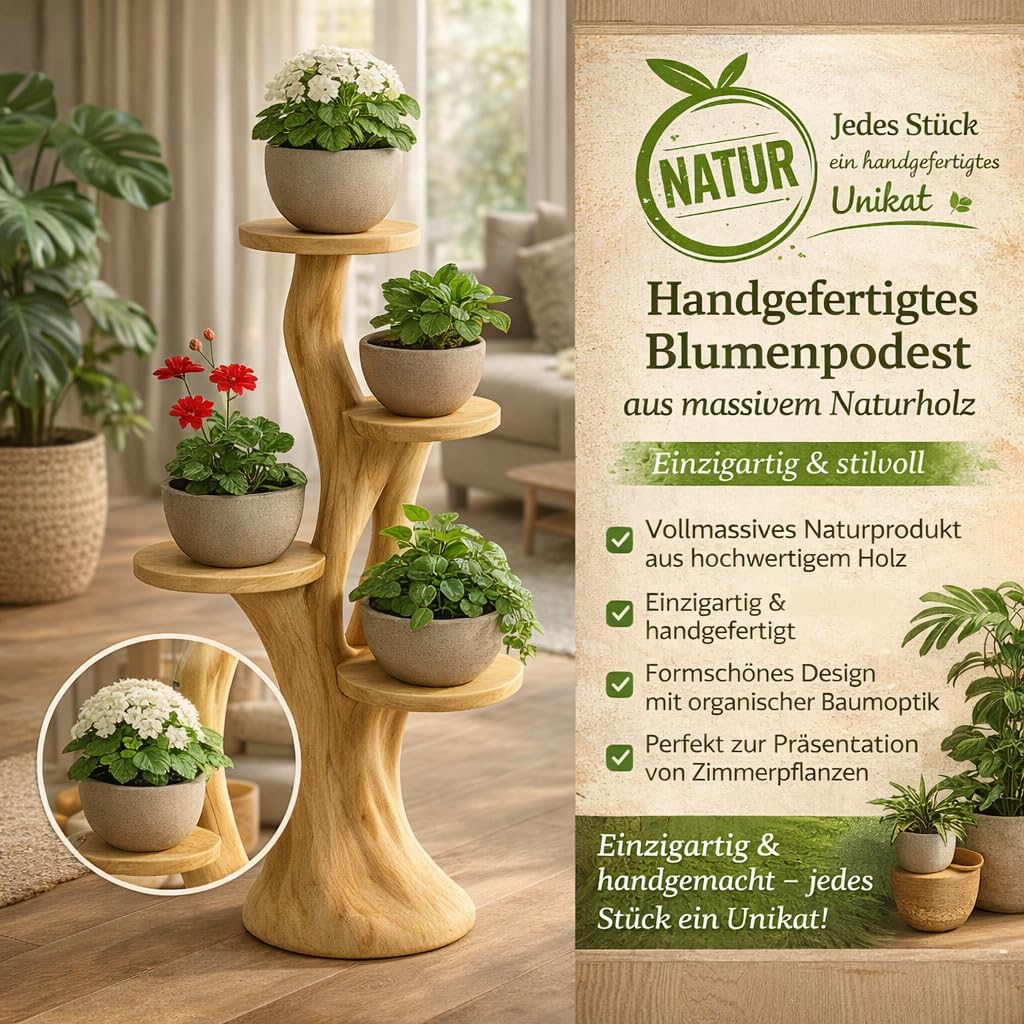 Blumenständer Blumentreppe Blumenpodest Blumenhocker Pflanzen Blumen Deko Treppe Holz Massivholz Suar mit 4 Ablagen Höhe 95cm Pflanzenetagere Pflanzenständer