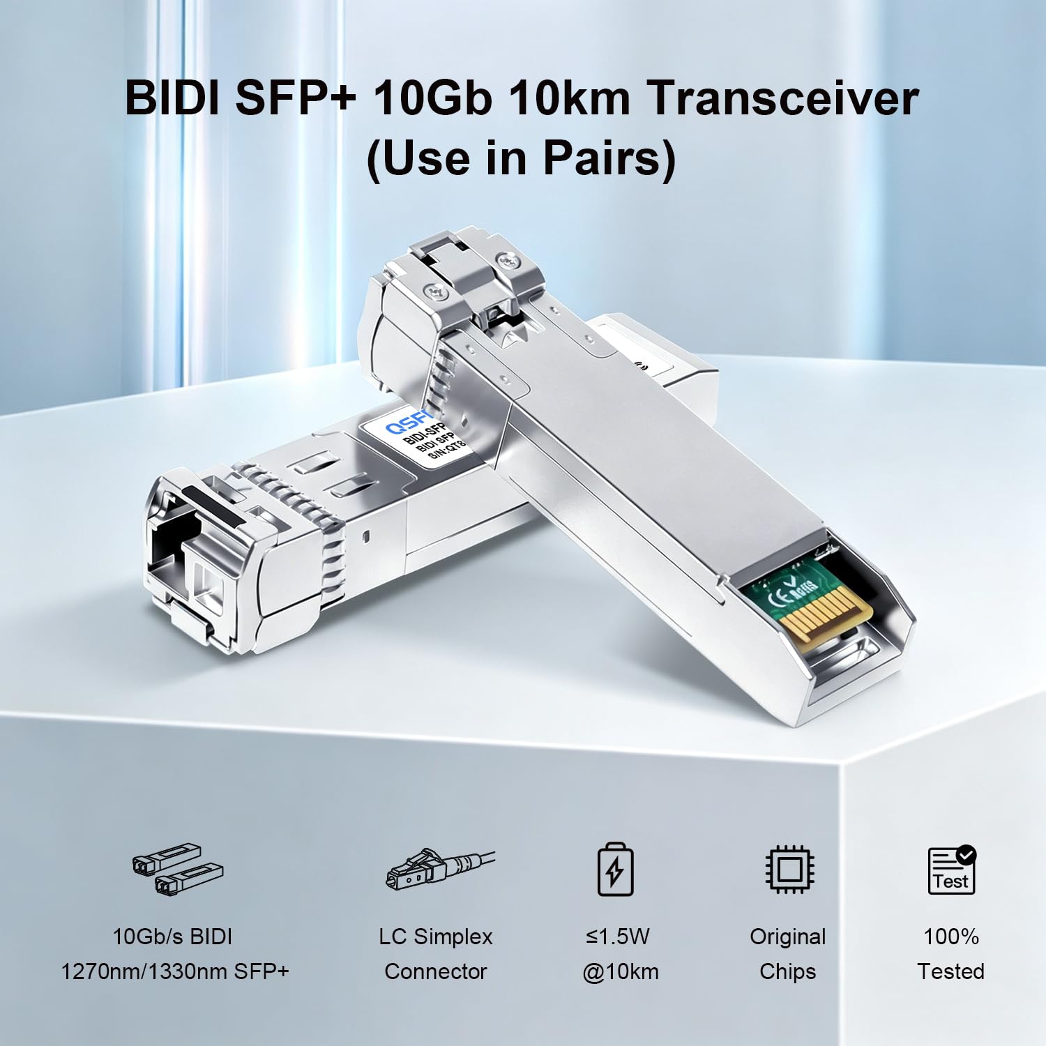 QSFPTEK 10G SFP+ Bidi Transceivers LC Single-Mode Module for Cisco SFP-10G-BXD-I (1330nm-TX/1270nm-RX) / SFP-10G-BXU-I (1270nm-TX/1330nm-RX),10KM, with DDM - 1 Pair