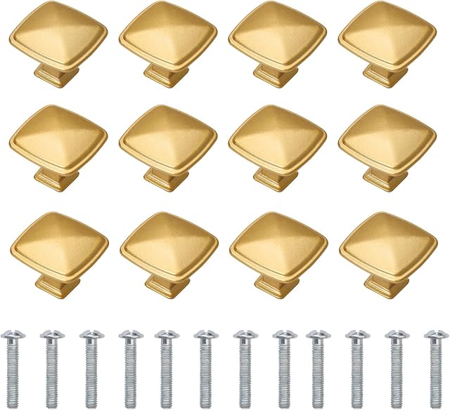 12 Pieces Gold knobs for Cabinet Drawers, Brass Door Handles Furniture knobs Door Pulls for Wardrobes Kitchen Cupboard Bathroom with Screw Bolts, Square Shape, Zinc Alloy