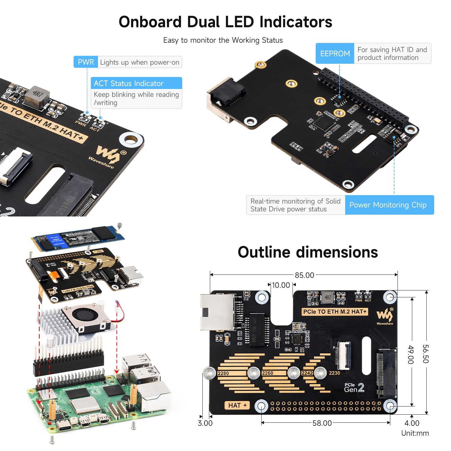 Waveshare PCIe To ETH And M.2 Adapter For Raspberry Pi 5, Plug and Play, Compatible With 2280/2260 / 2242/2230 Size NVMe Protocol M2SSD, 5Gbps Data Rate, High-Speed Reading/Writing, Pi5 NVMe HAT