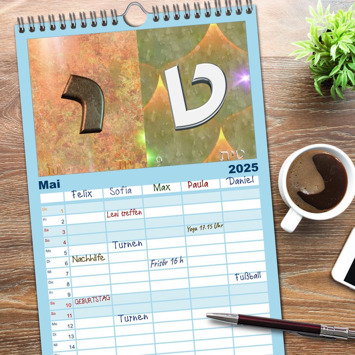 Familienplaner 2025 - Alefbet Hebräische Lettern mit 5 Spalten (Wandkalender, 21 cm x 45 cm), CALVENDO: Die hebräischen Buchstaben des Alef-Bet kunstvoll dargestellt. (CALVENDO Kunst)