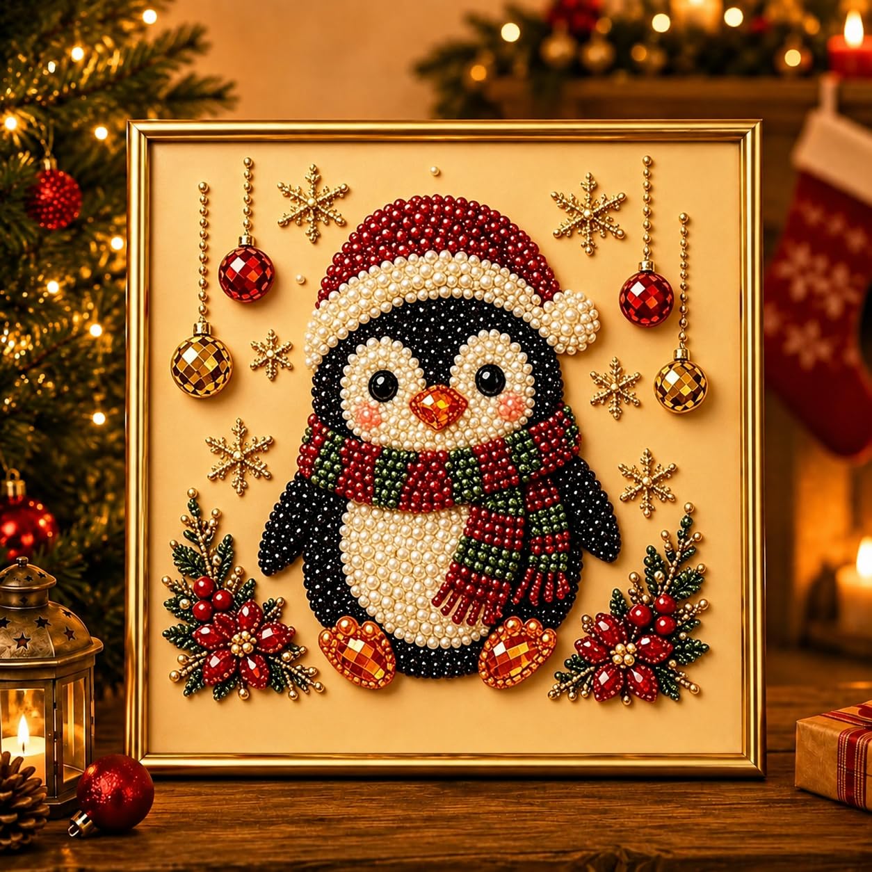 DIY Christmas Pearl Diamond Art Painting Kit with Frame,Christmas Pearl Beads Art Craft for Adults & Beginners,Gemstone Diamond Dots Beads Painting for Home Wall Decor,Beginner DIY Seasonal Party Gift