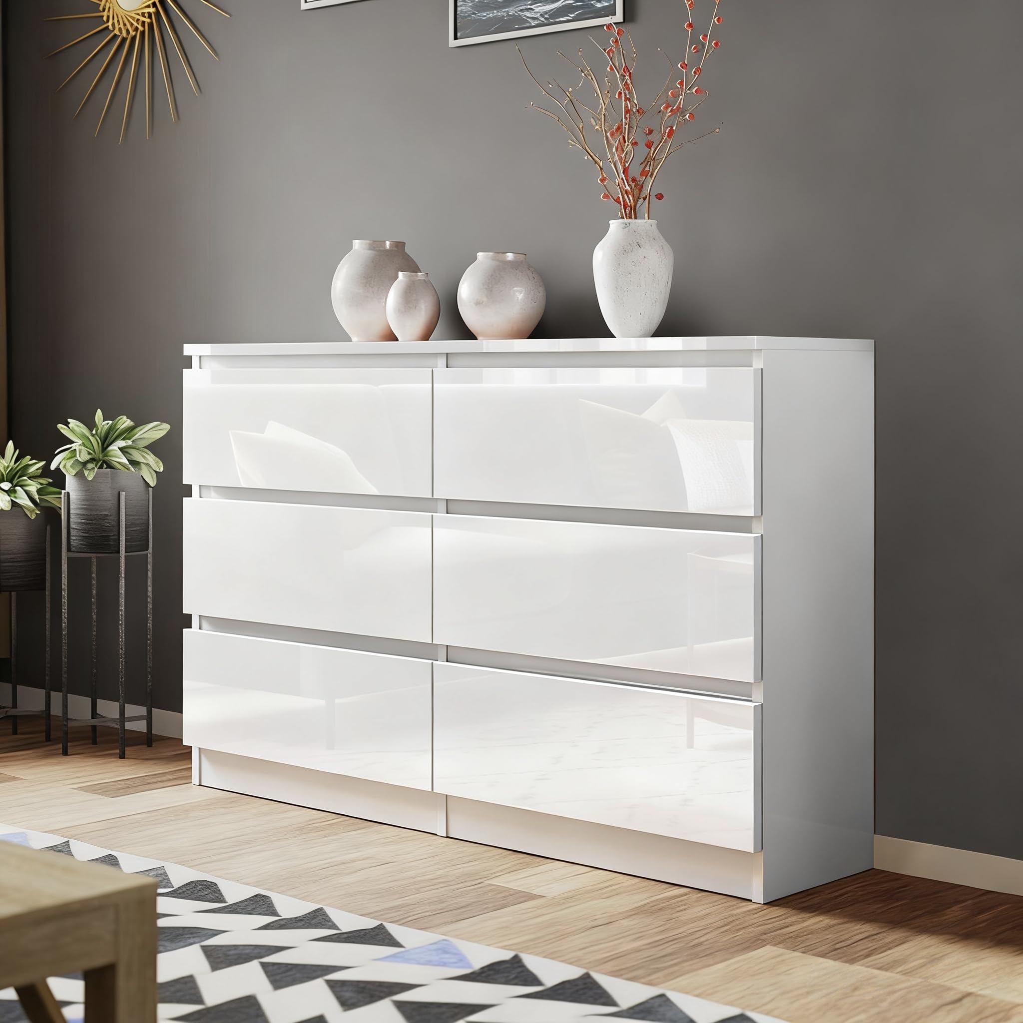 LSLIFE White Chest of Drawers 6 Drawer Dresser Storage Cabinet High Gloss Bedside Table Cabinet for Bedroom Living Room Office 120 (L) x 77(H) cm (White-6 Drawer Cabinet)