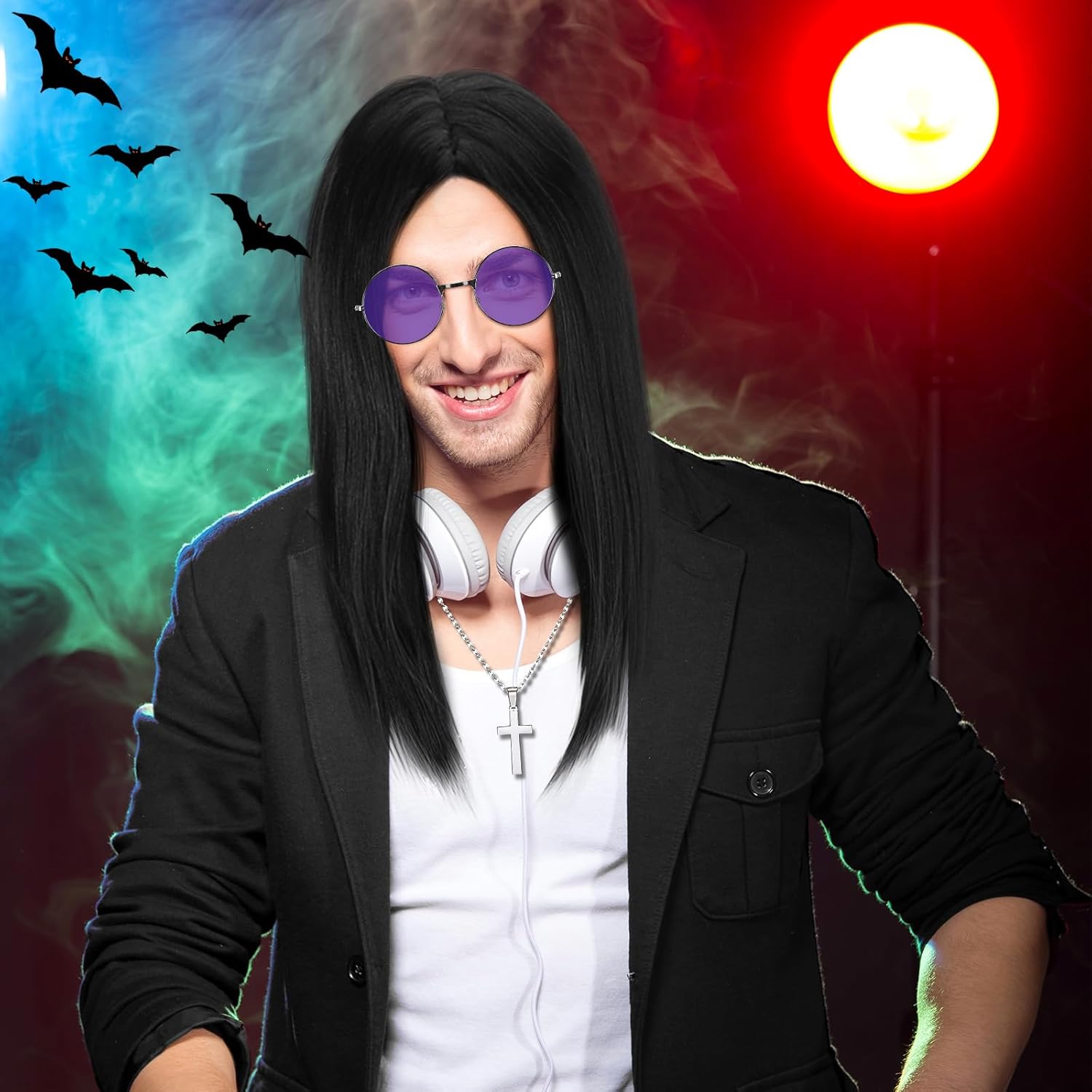 Highergo 3 Pcs Mens 80's Rock Costume Wig with Purple Round Hippie Glasses Cross Pendant Necklace 80s Hip Hop Rock Cosplay Costume Accessories for Men Halloween Cosplay Party Accessories - Image 6