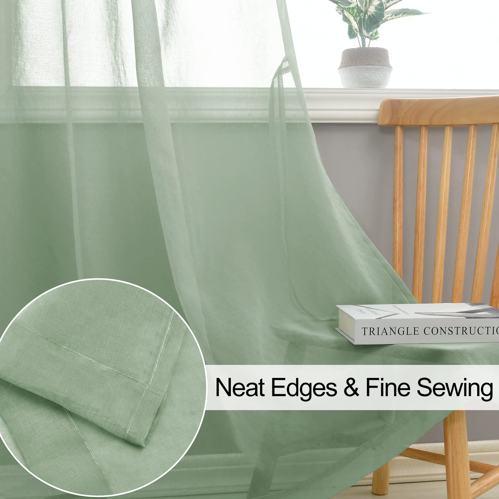 XWZO Sheer Curtains 2 Panels Linen Look Voile Curtains Semi Transparent Grommet Tieback Window Curtains for Bedroom,Light Filtering,Airy & Breathable Voile Drapes,Bean Green,W55*L88 - Image 4