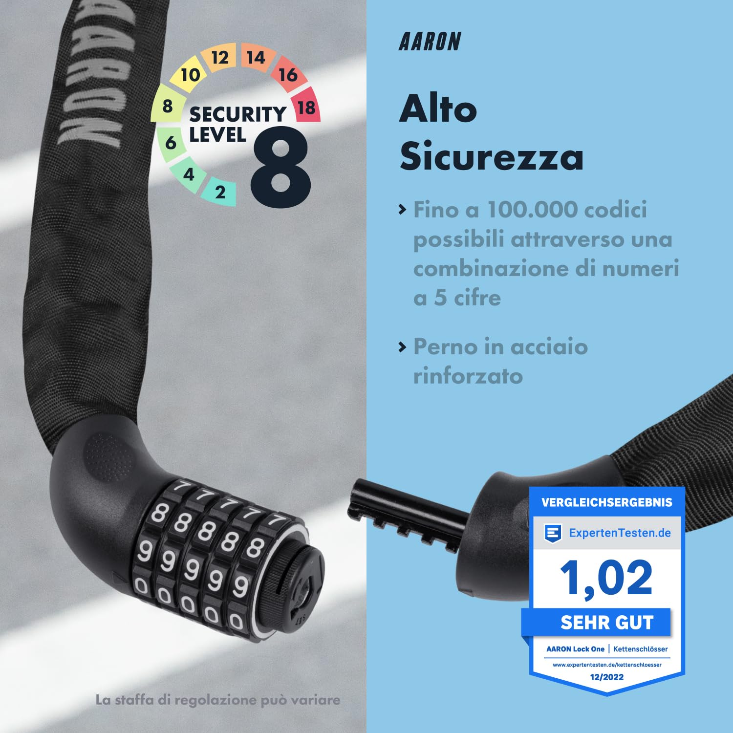 AARON Lock One - Catena antifurto per bicicletta con codice a 5 cifre - lucchetto in metallo e alta sicurezza - per mountain bike, da trekking, da turismo, da corsa, veicoli elettrici