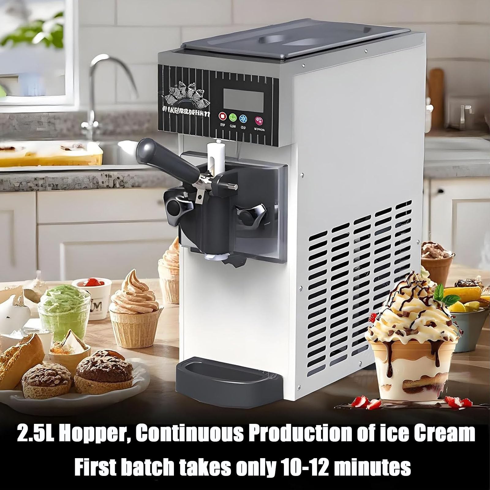 Máquina de helado, máquina de servicio suave de 4 a 5 kg/h, tolva refrigerada de 2,5 L, función de limpieza automática, panel LCD, tanque de congelación de encimera de 450 W