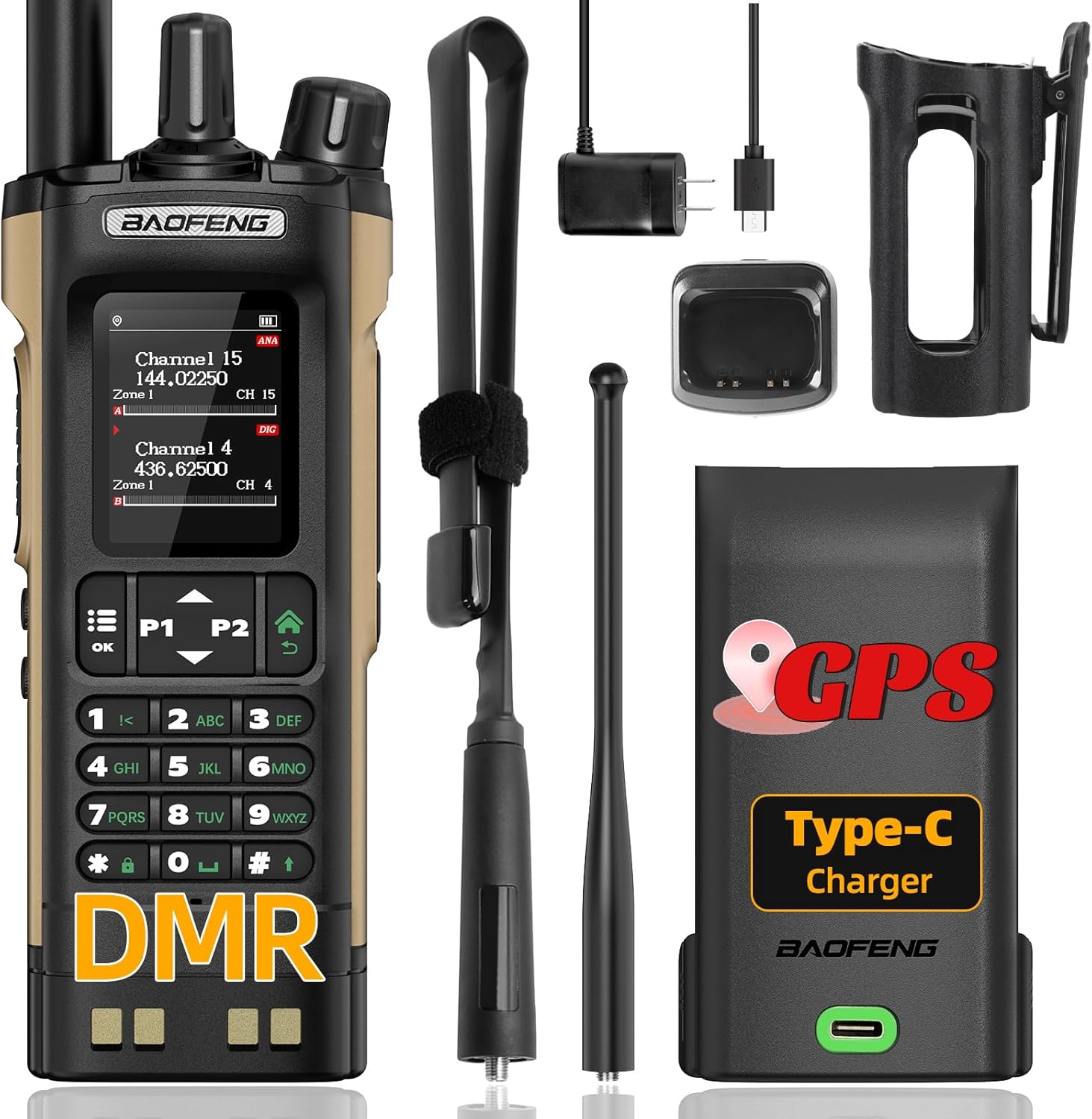 Ham Radio Baofeng DM32 DMR Radio 10W Handheld Rechargeable Walkie Talkies Long Range DM32UV Two Way Radio NOAA Weather Radio with GPS, Copy Frequency 2500mAh Battery USB-C Charging with Radio Holster
