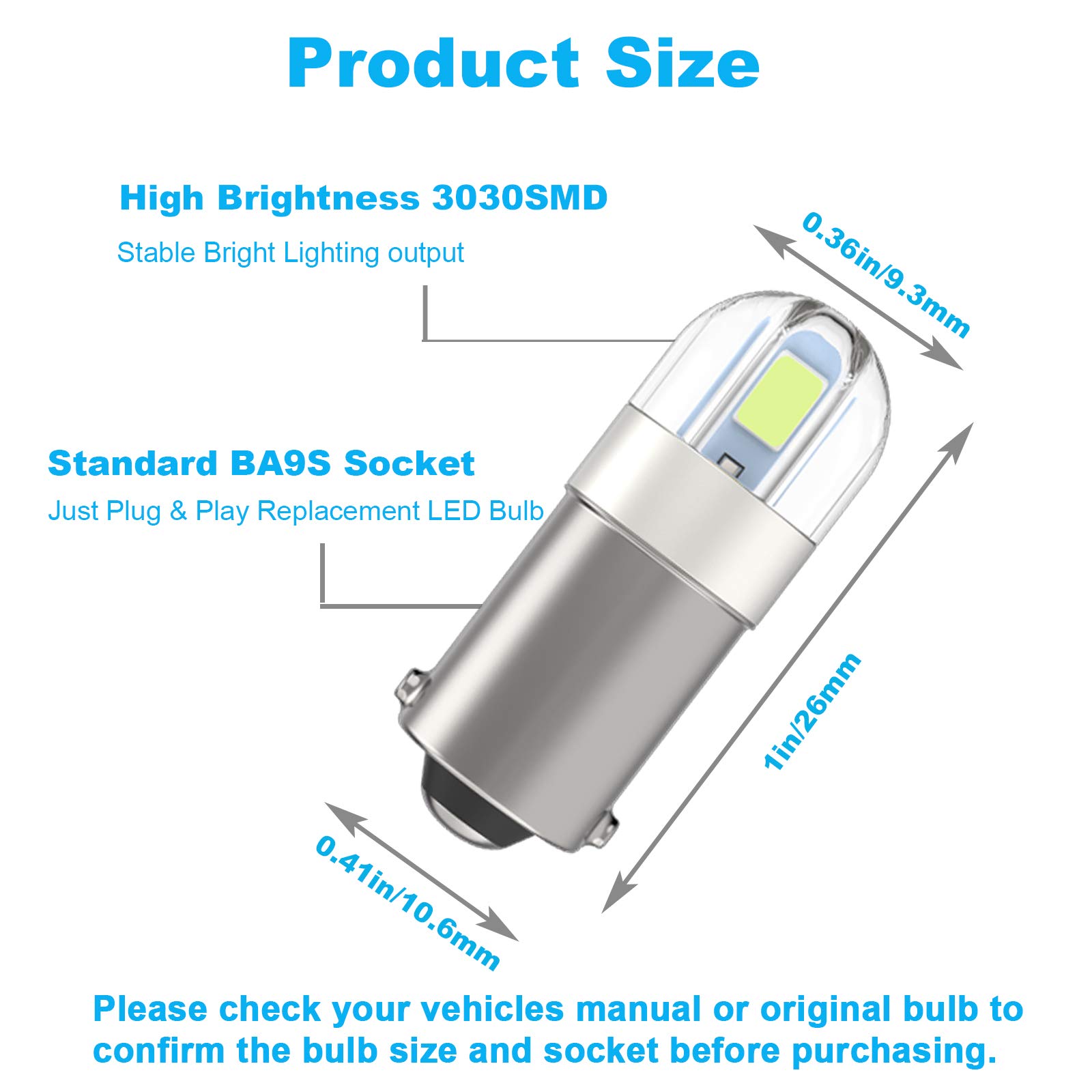 Serundo Auto BA9S - foco LED BA9 1895 1891 53 57, 2SMD 3030Chips 47830 64111 3893 para interior de coche, cúpula de mapa, placa de matrícula, luz de guantera, etc., paquete de 10 unidades, color azul